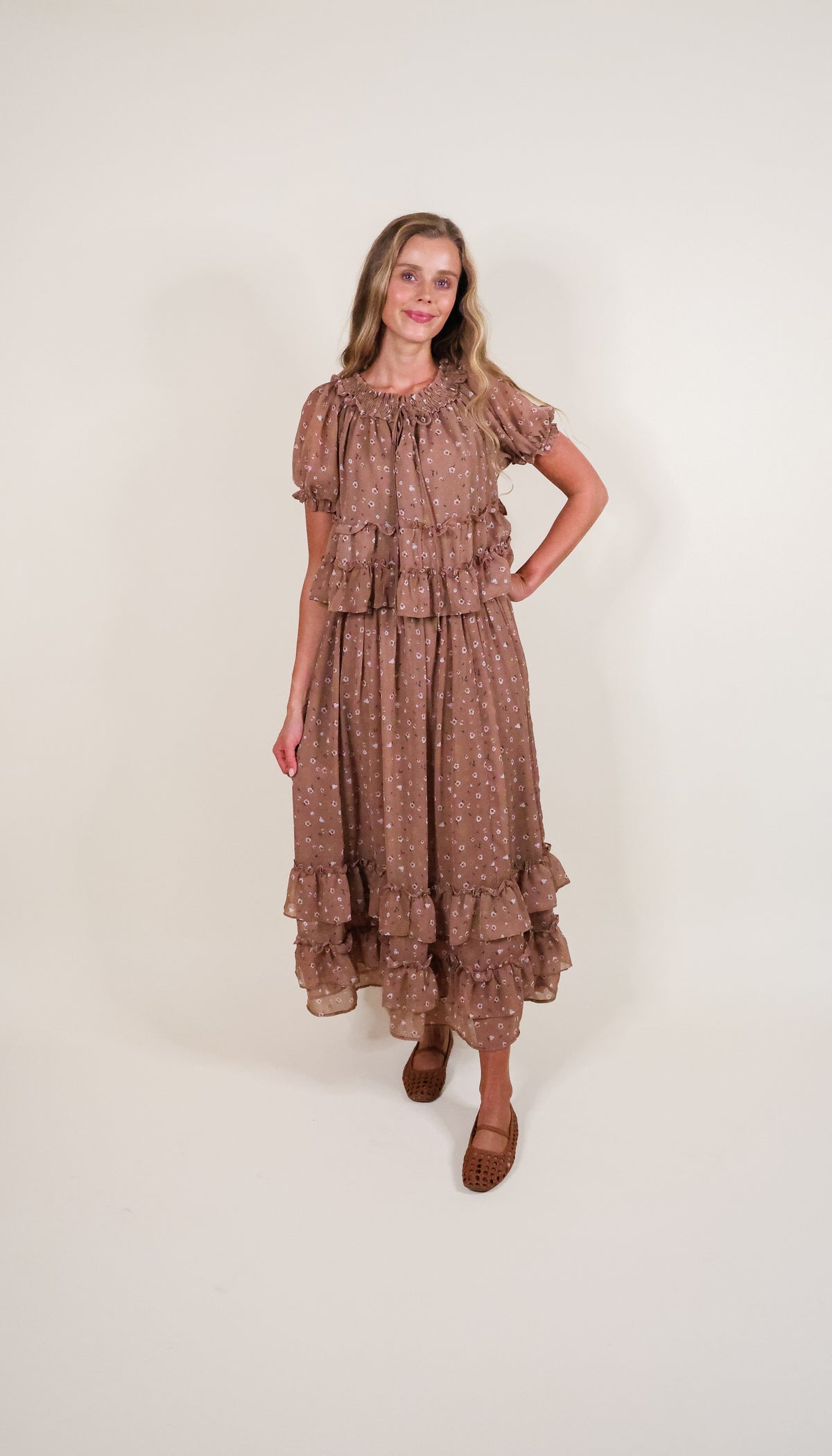 The Blakely Floral Chiffon Set in Mocha