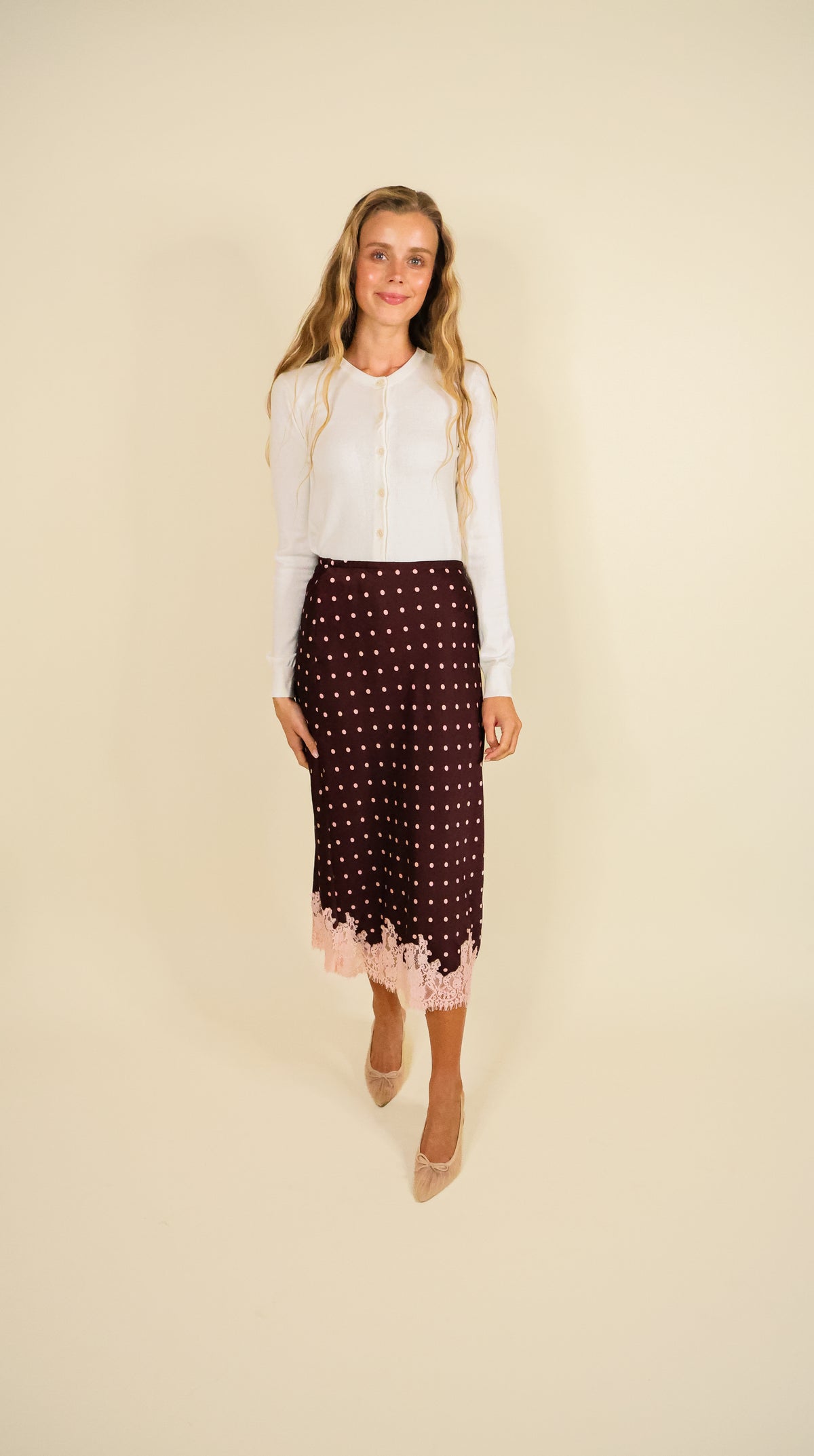 The Lucy Lace Satin Skirt in Burgundy and Pink