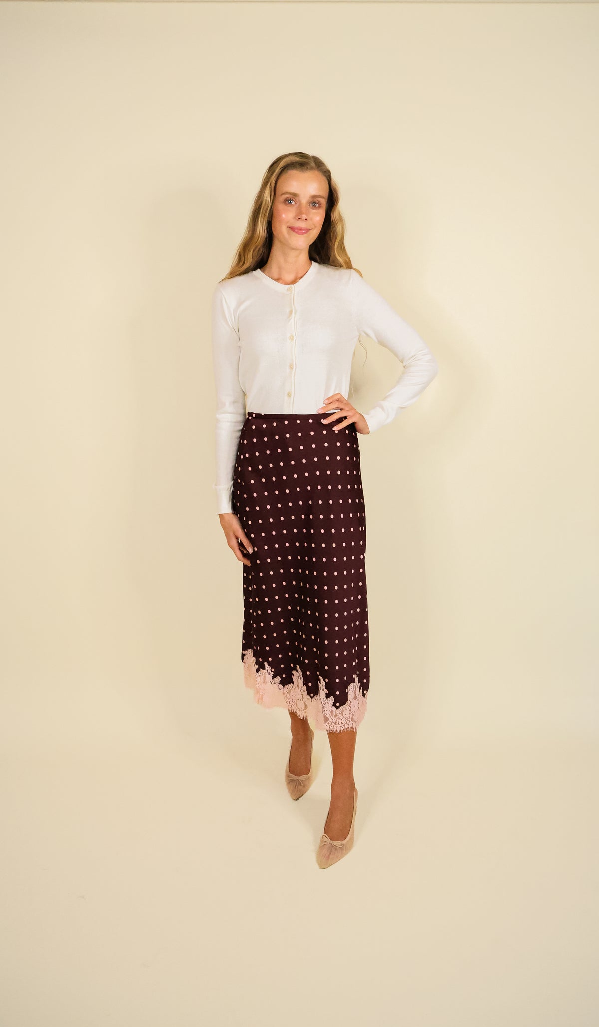 The Lucy Lace Satin Skirt in Burgundy and Pink