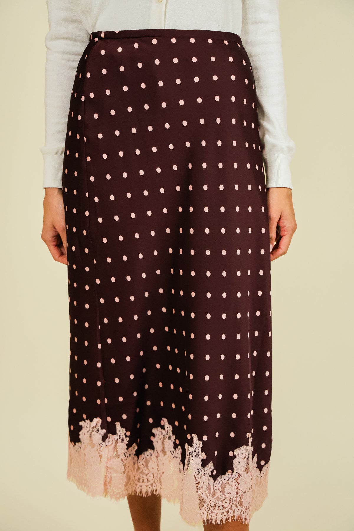 The Lucy Lace Satin Skirt in Burgundy and Pink
