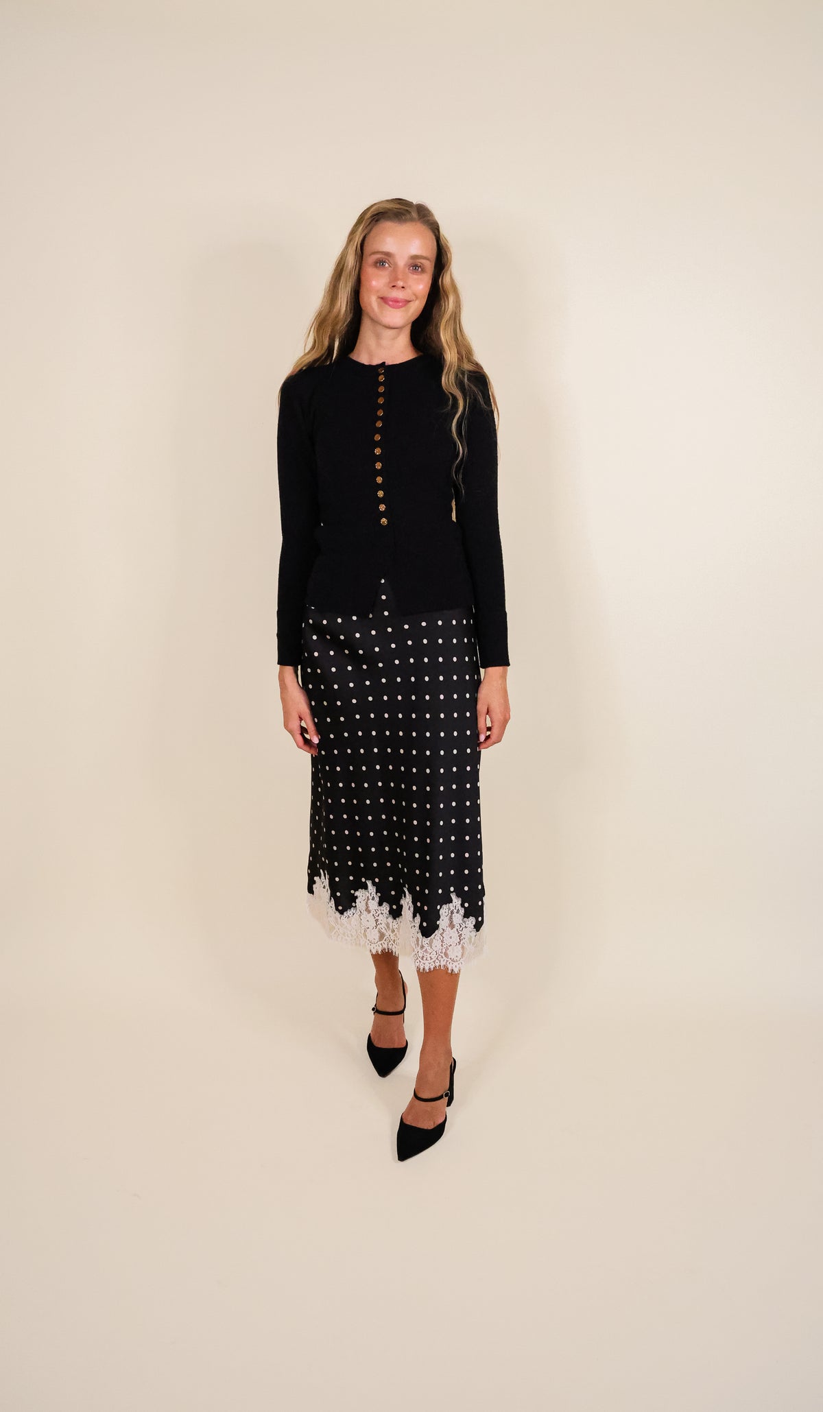 The Lucy Lace Satin Skirt in Black and Ivory