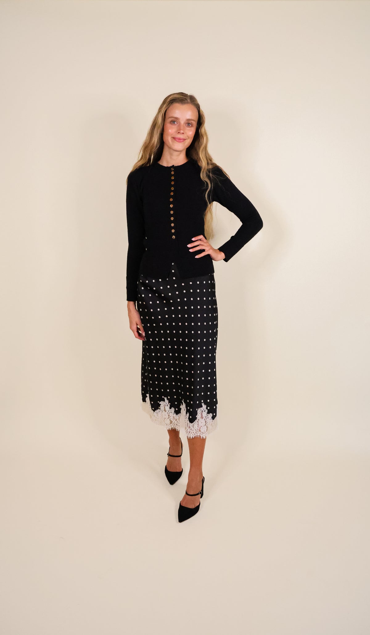 The Lucy Lace Satin Skirt in Black and Ivory