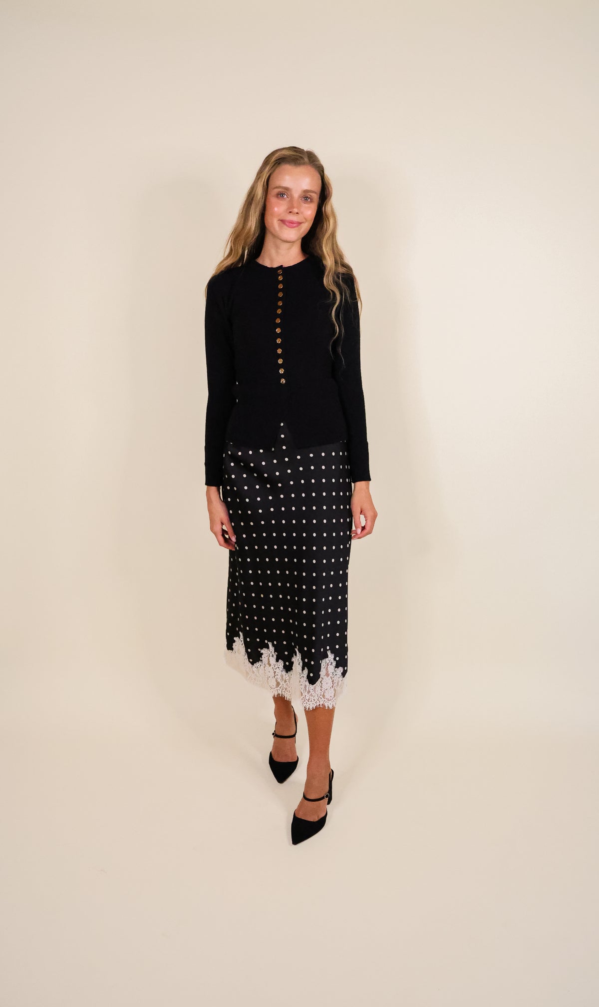 The Lucy Lace Satin Skirt in Black and Ivory
