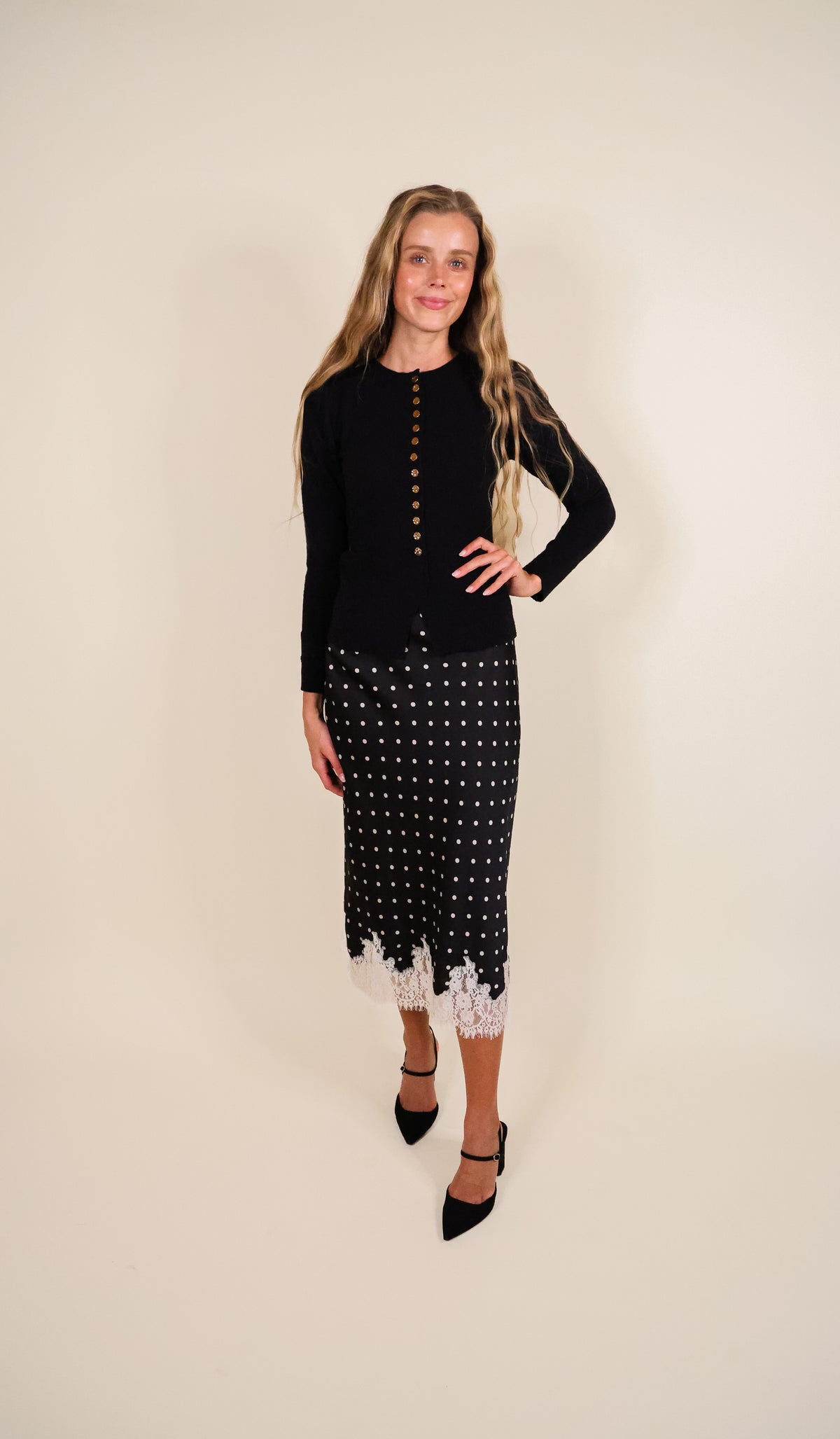 The Lucy Lace Satin Skirt in Black and Ivory
