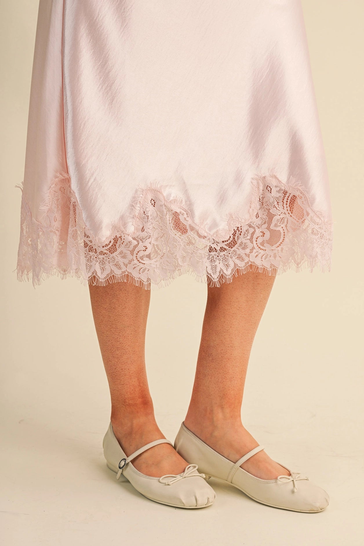 The Penelope Satin Lace Trim Skirt in Ballerina Pink