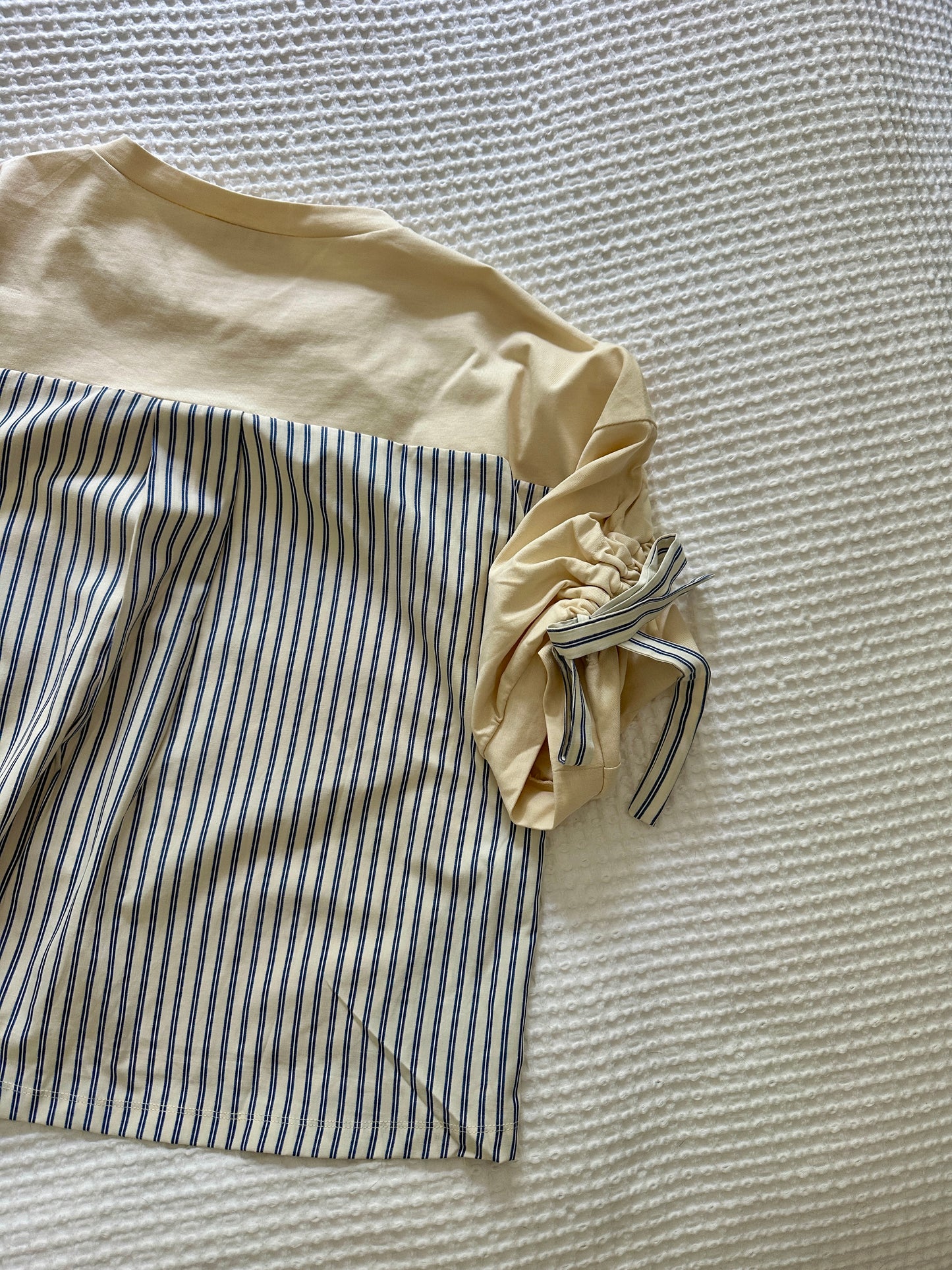 The Amelia Bow Sleeve Top in Butter Yellow & Blue Stripe