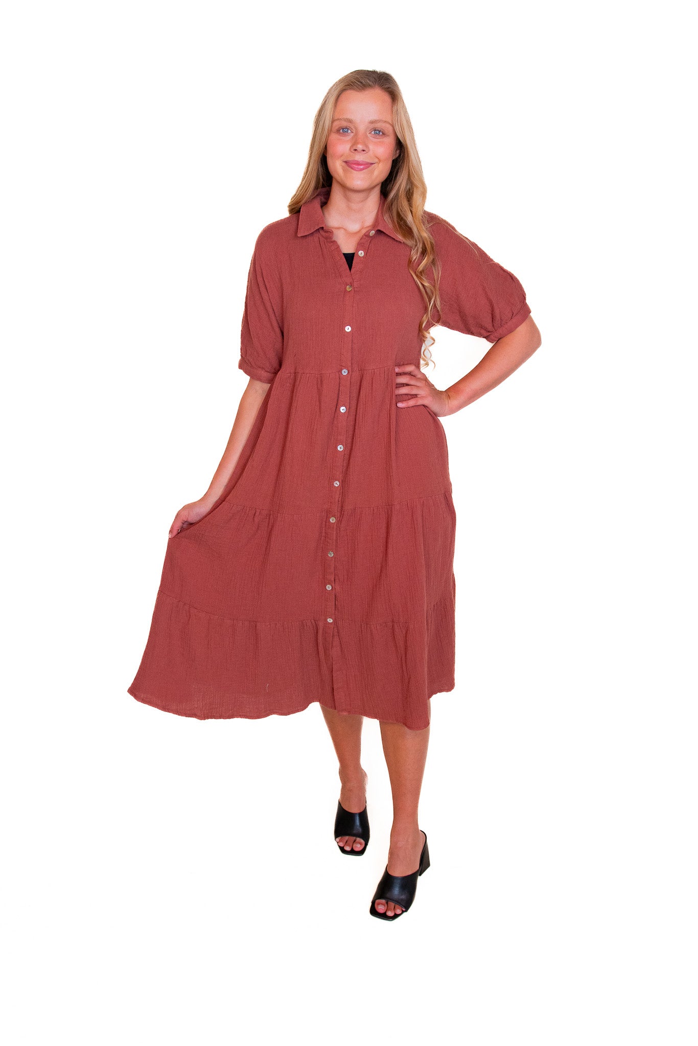 RESTOCKED - The Lyss Gauze Shirt Dress in Rust