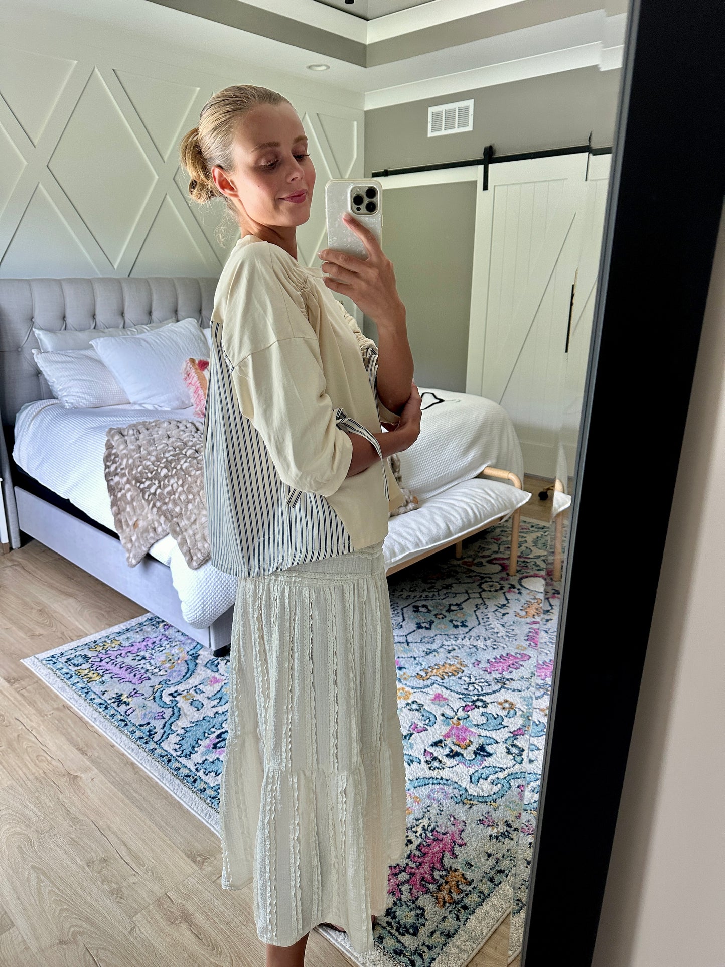 The Amelia Bow Sleeve Top in Butter Yellow & Blue Stripe