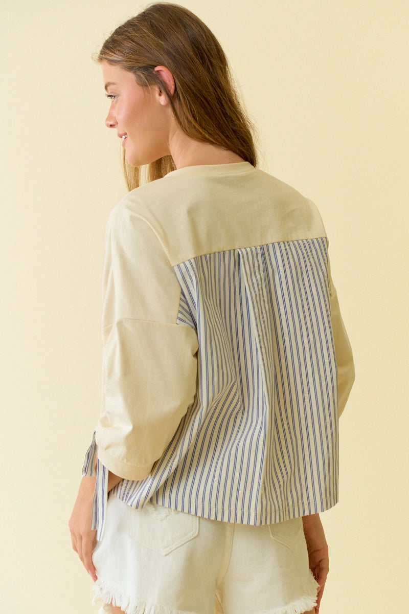 The Amelia Bow Sleeve Top in Butter Yellow & Blue Stripe