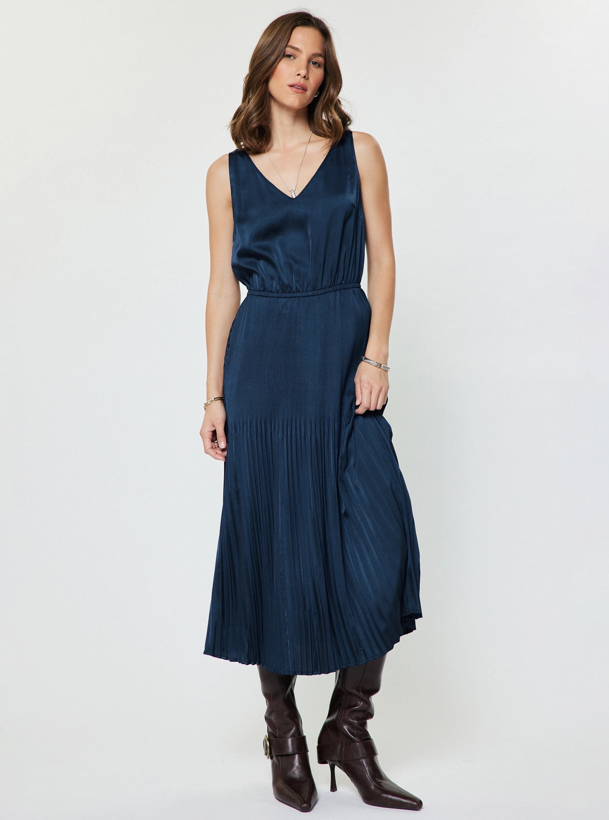 The Sutton Satin Sweater Dress Set in Jewel Navy
