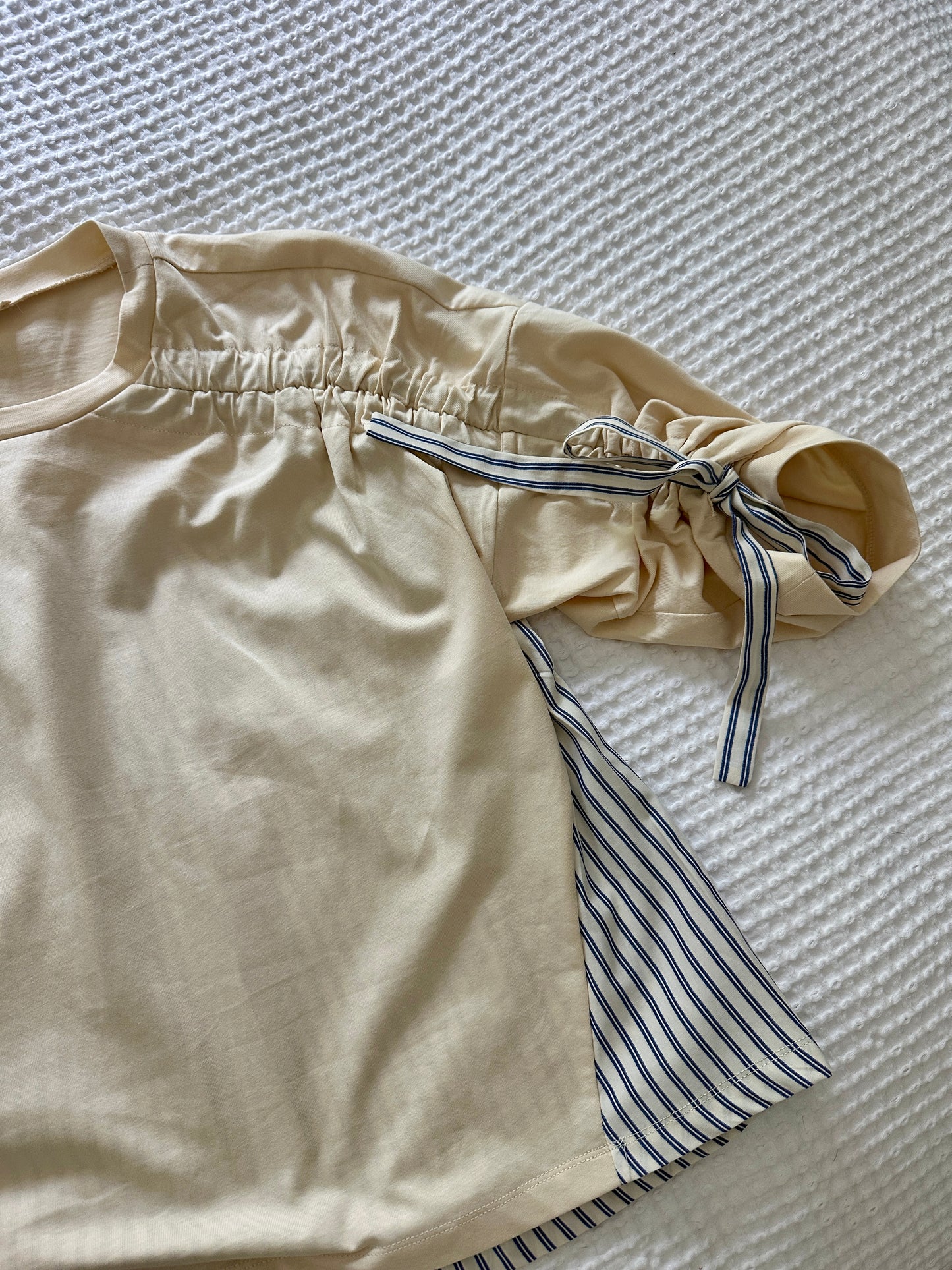 The Amelia Bow Sleeve Top in Butter Yellow & Blue Stripe