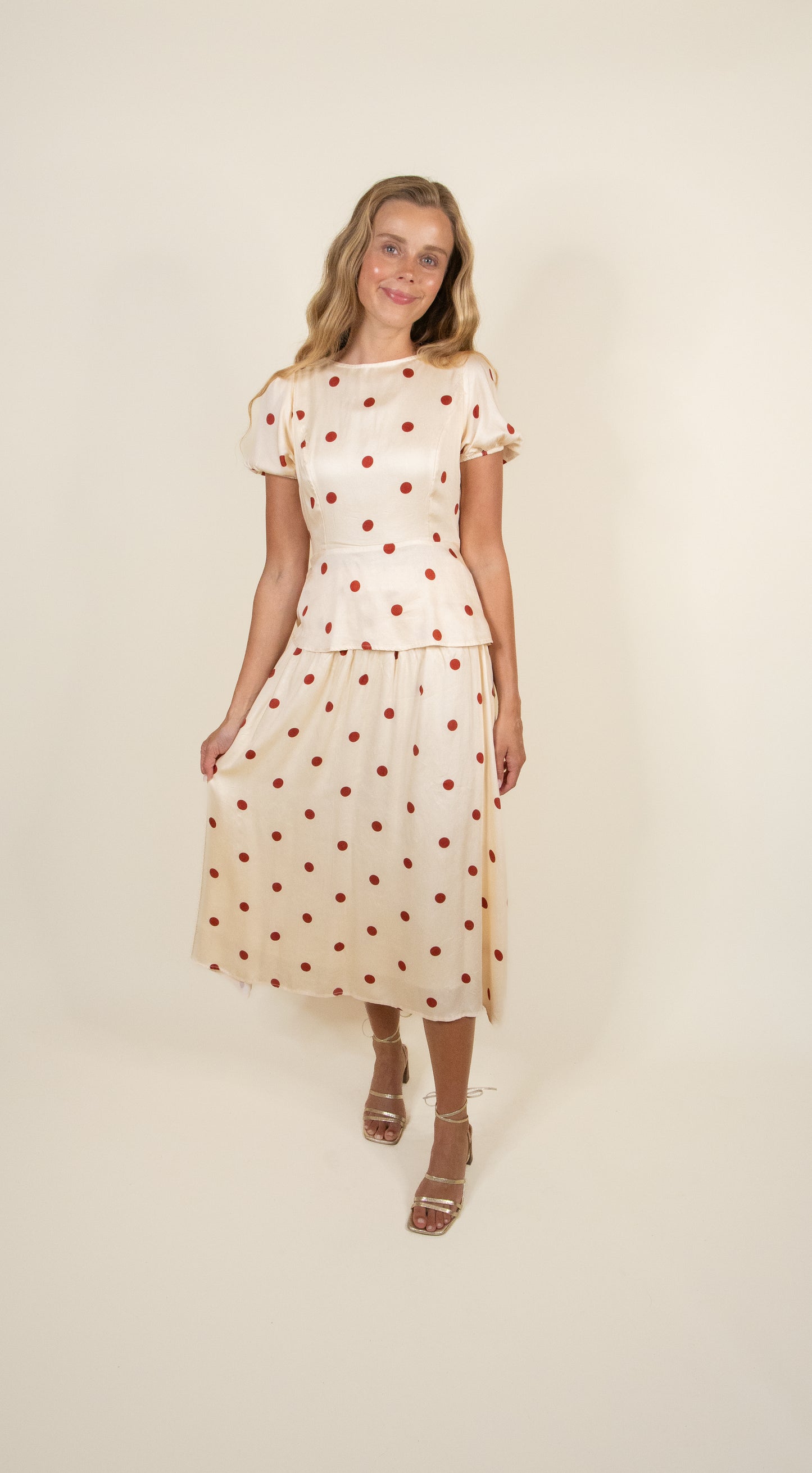 The Zoe Satin Polka Dot Set in Cream & Rust