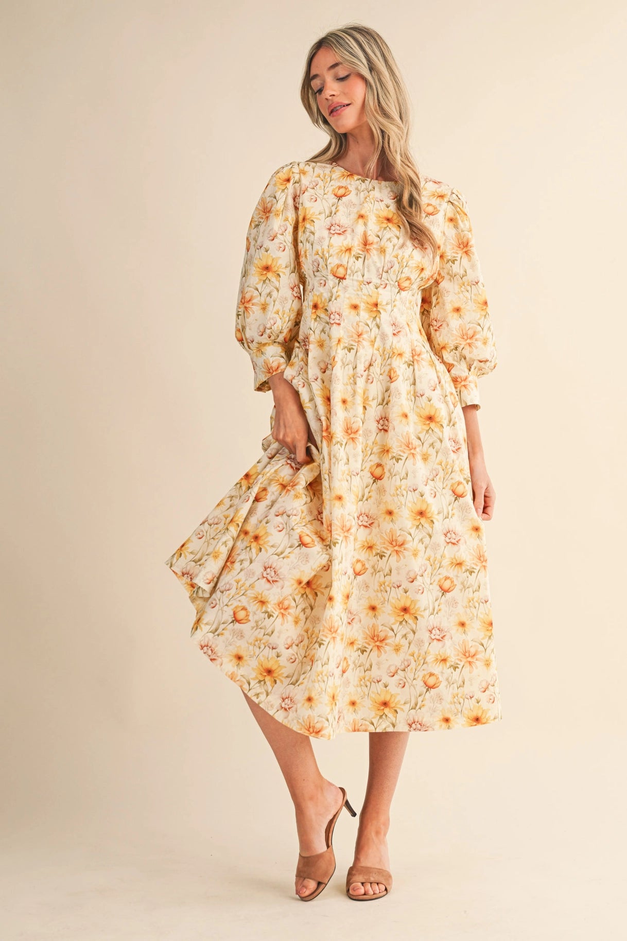 The Alaina Floral Midi Dress in Golden Floral