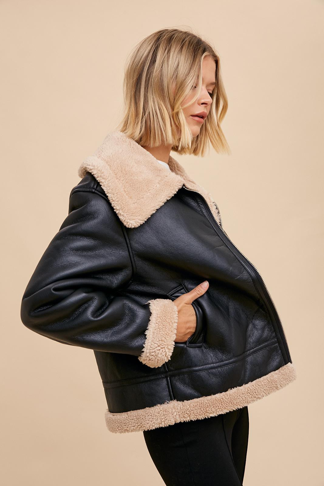 The Lexi Vegan Leather Shearling Jacket in Black