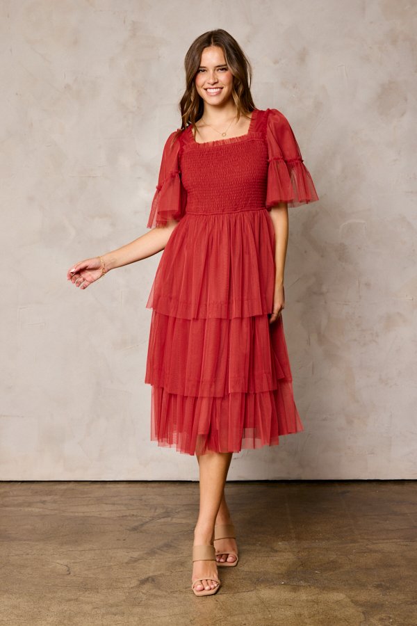 The Harlow Smocked Tulle Dress in Rust