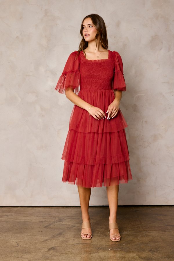 The Harlow Smocked Tulle Dress in Rust