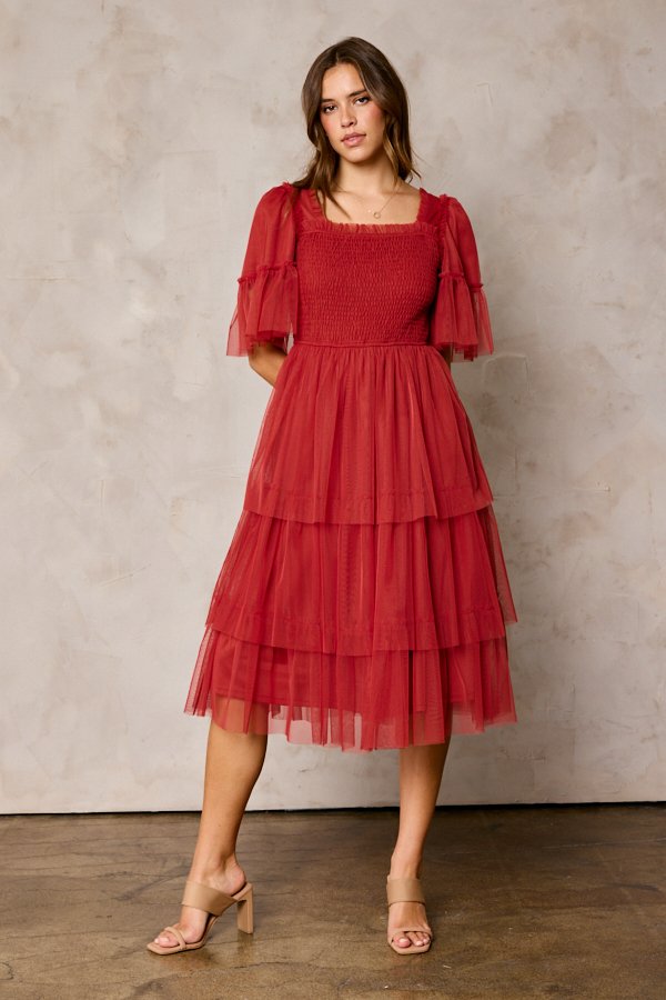 The Harlow Smocked Tulle Dress in Rust