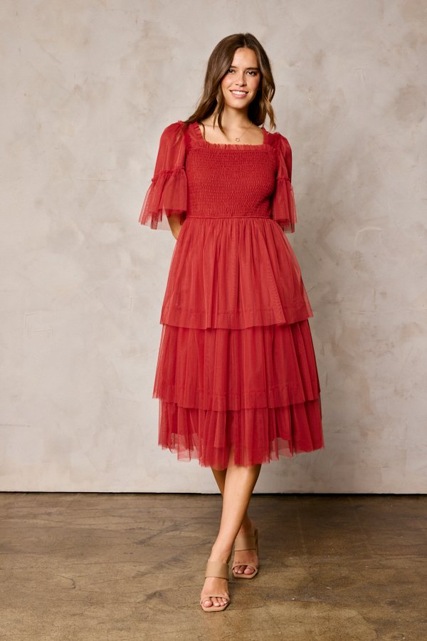 The Harlow Smocked Tulle Dress in Rust