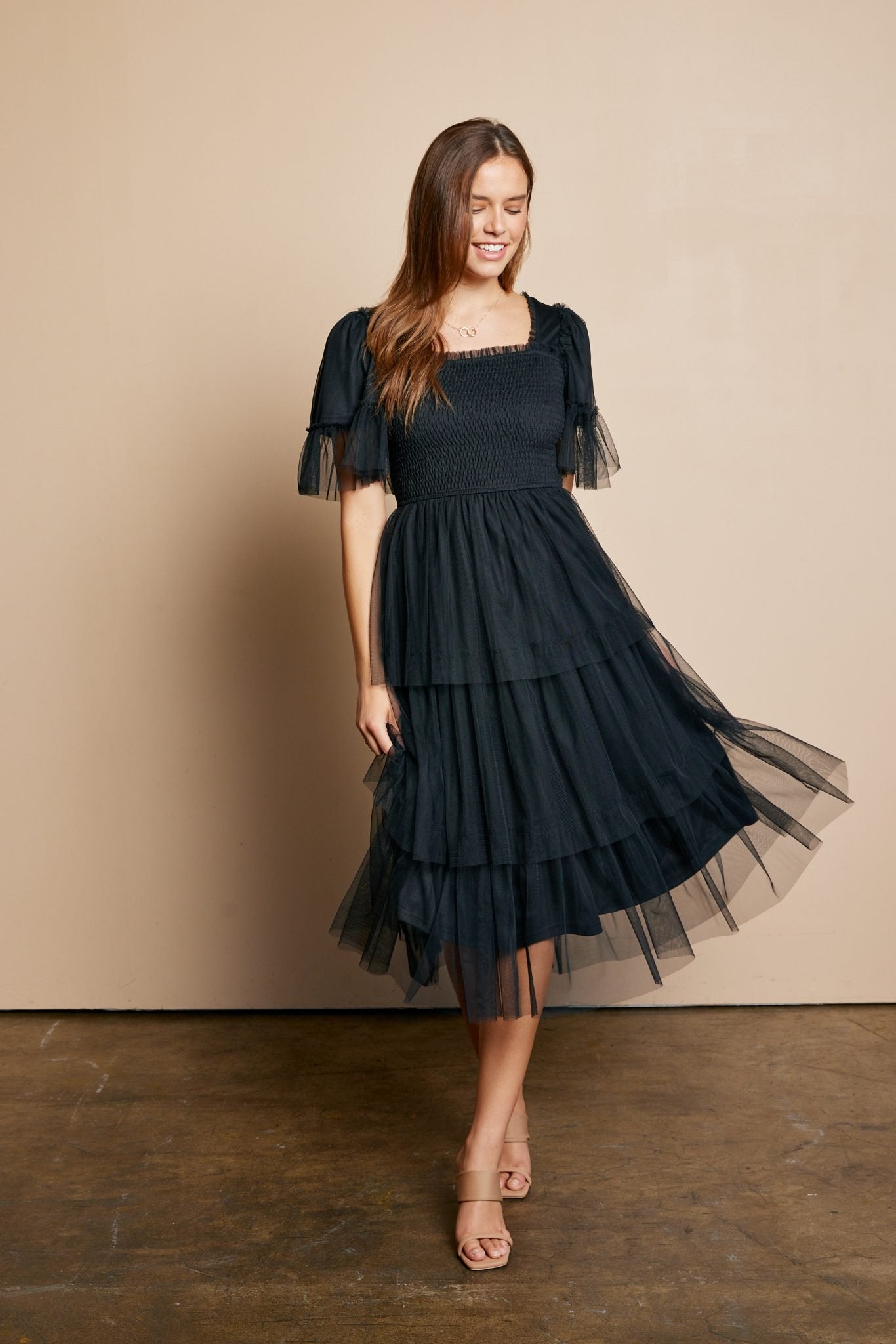 The Harlow Smocked Tulle Dress in Black