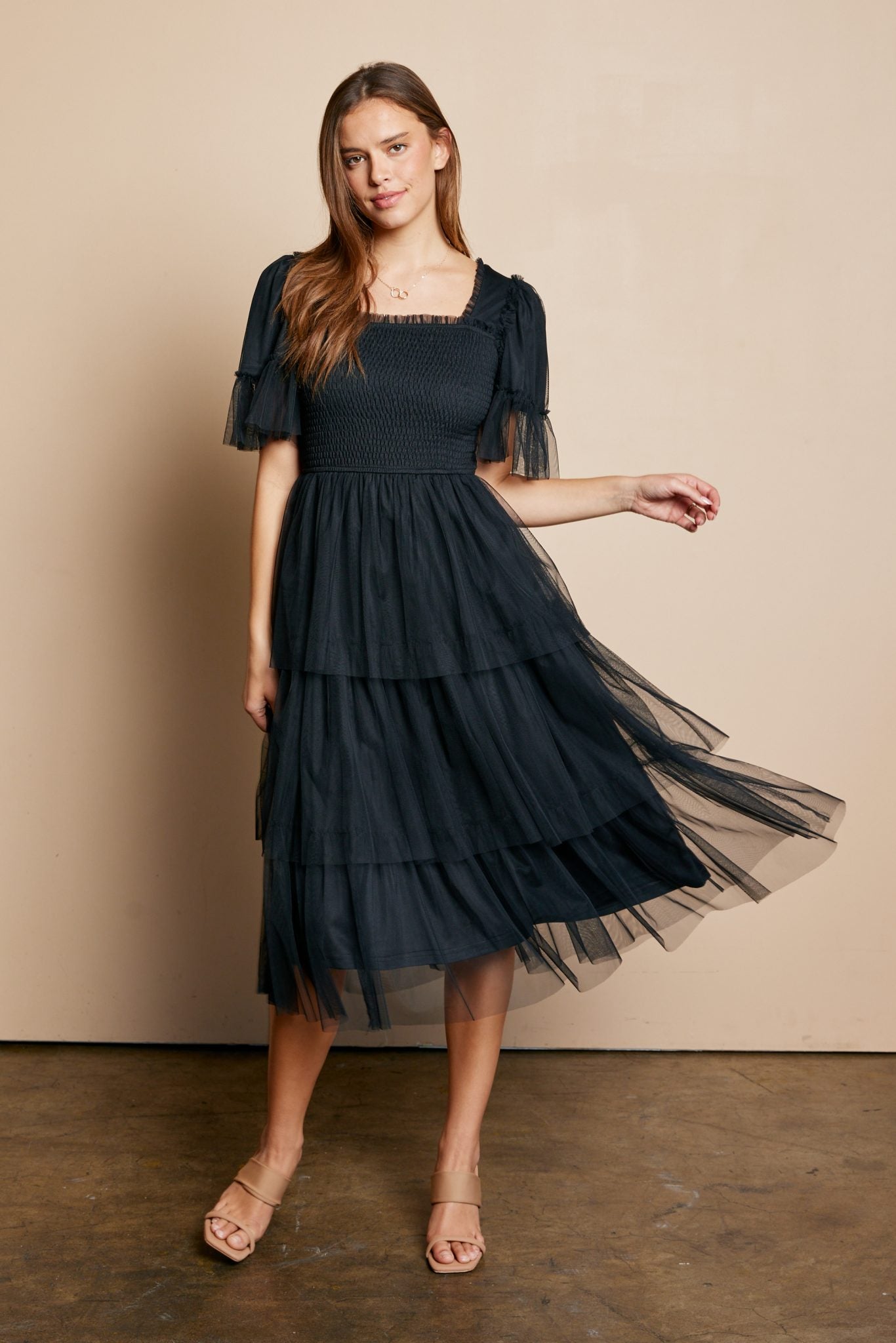 The Harlow Smocked Tulle Dress in Black