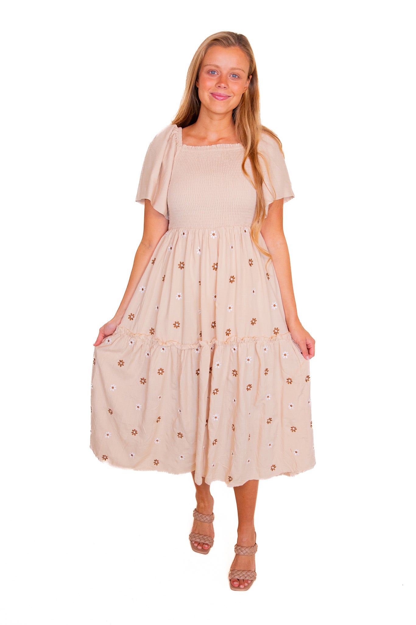 The Maya Smocked Embroidered Floral Dress in Cream