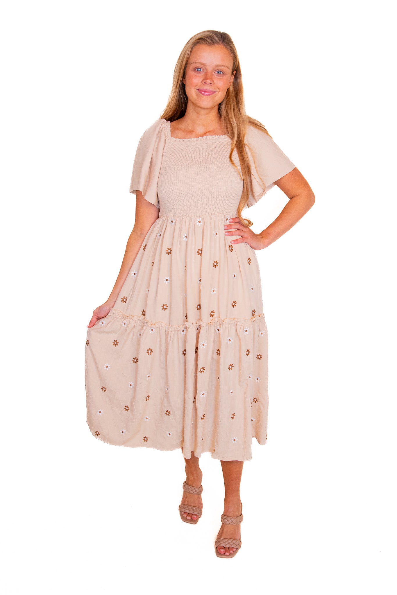 The Maya Smocked Embroidered Floral Dress in Cream