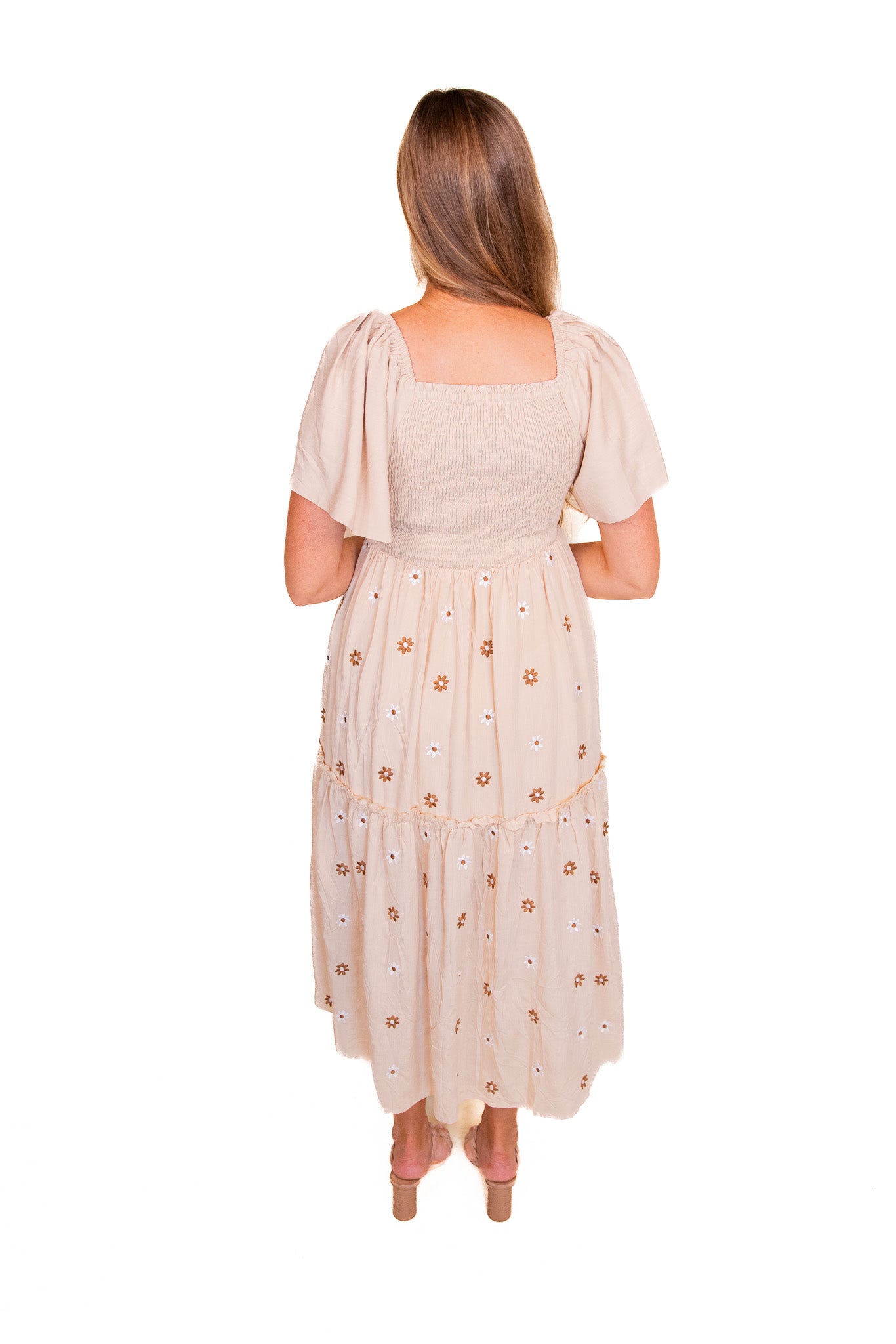 The Maya Smocked Embroidered Floral Dress in Cream