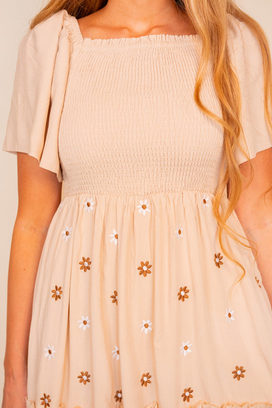 The Maya Smocked Embroidered Floral Dress in Cream