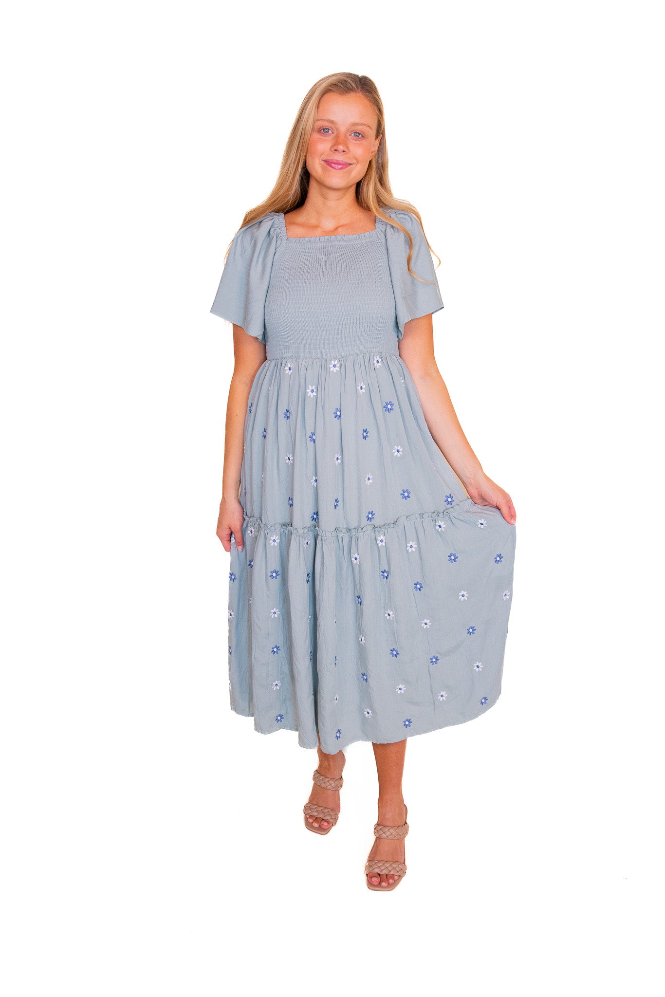 The Maya Smocked Embroidered Floral Dress in Dusty Blue