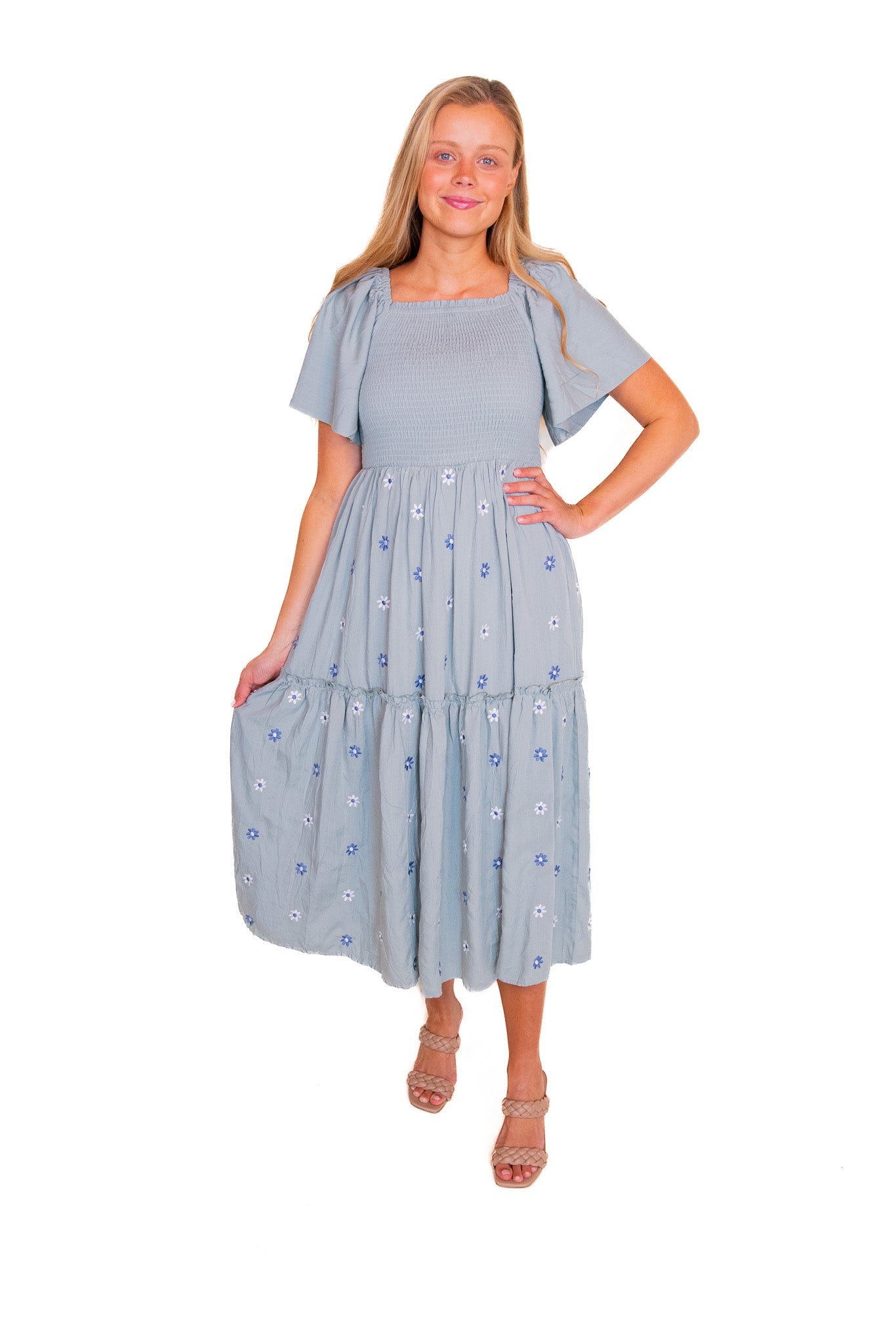 The Maya Smocked Embroidered Floral Dress in Dusty Blue