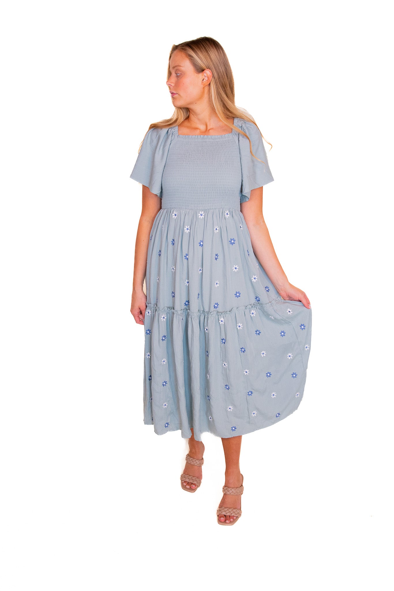 The Maya Smocked Embroidered Floral Dress in Dusty Blue