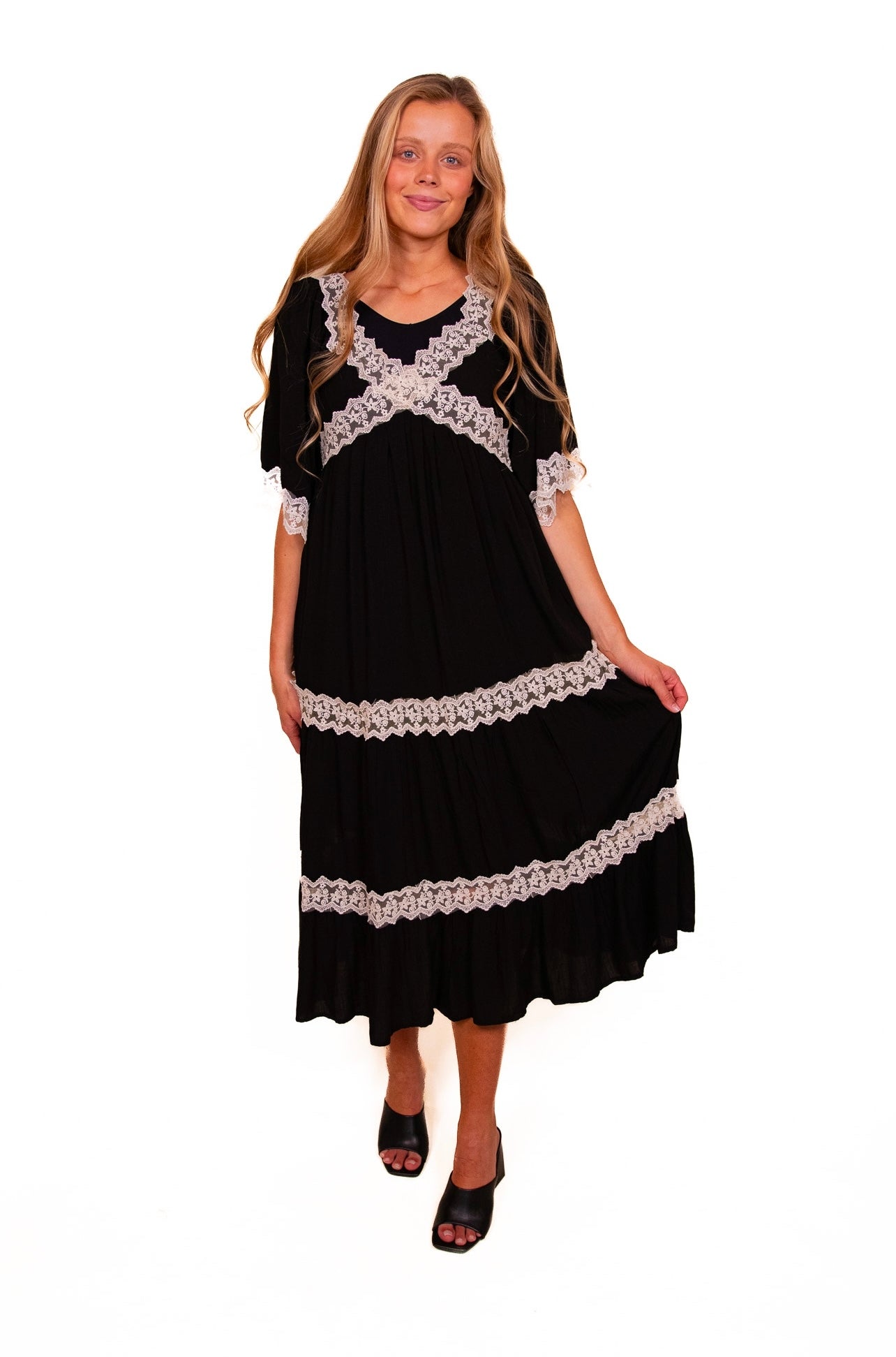 The Kelly Lace Midi Dress in Black