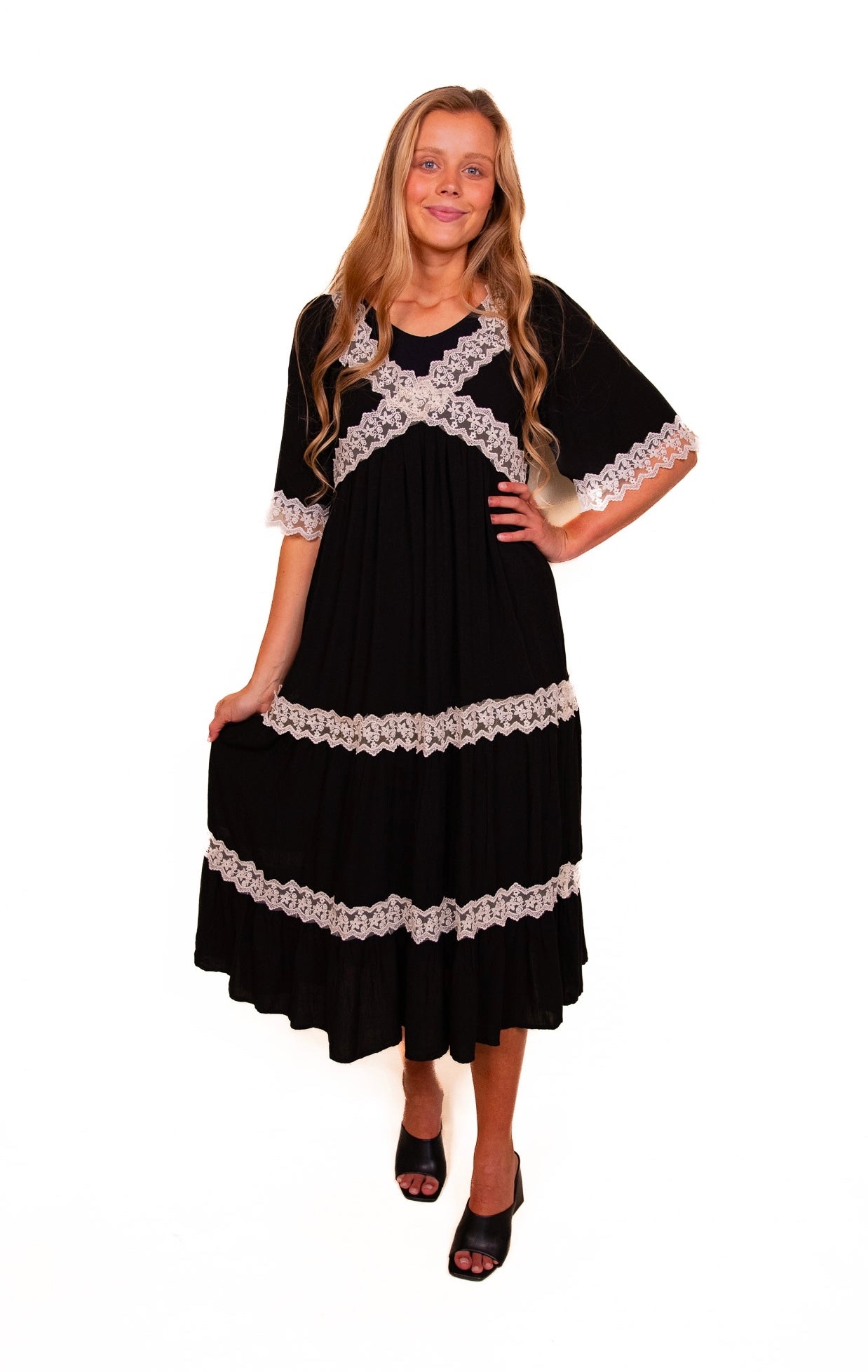 The Kelly Lace Midi Dress in Black