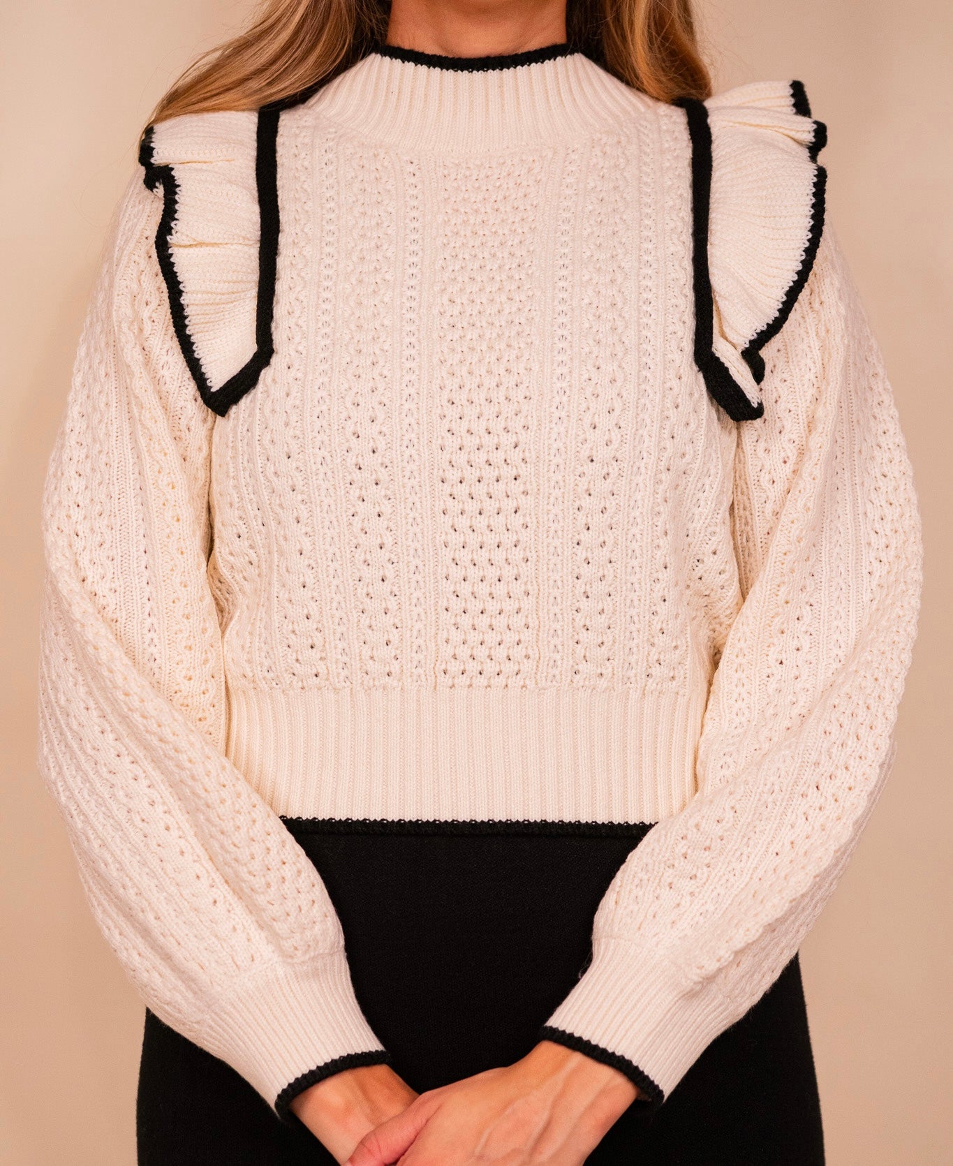 The Piper Ruffle Knit Sweater in Cream