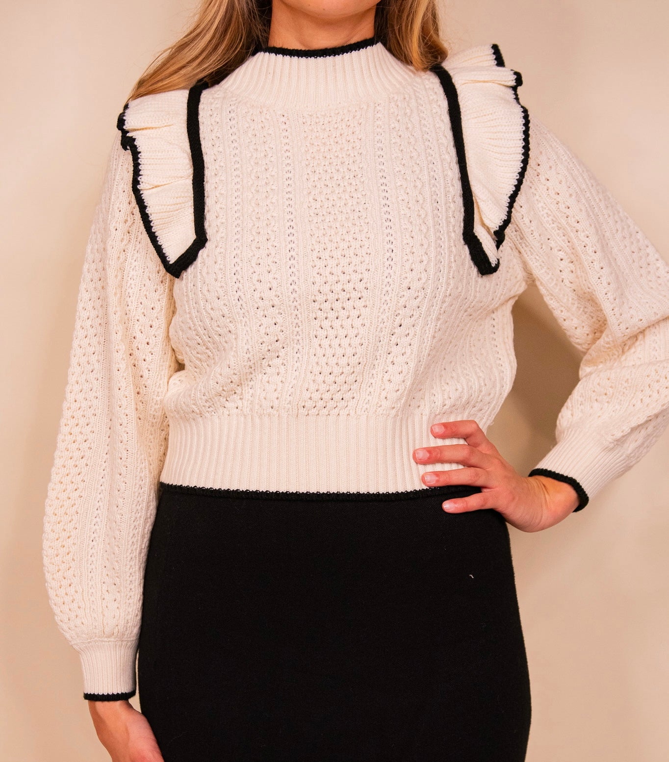 The Piper Ruffle Knit Sweater in Cream