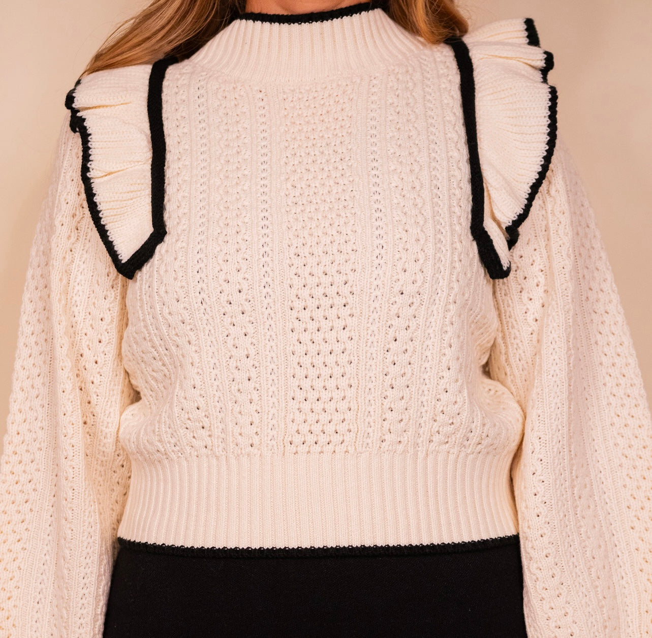 The Piper Ruffle Knit Sweater in Cream