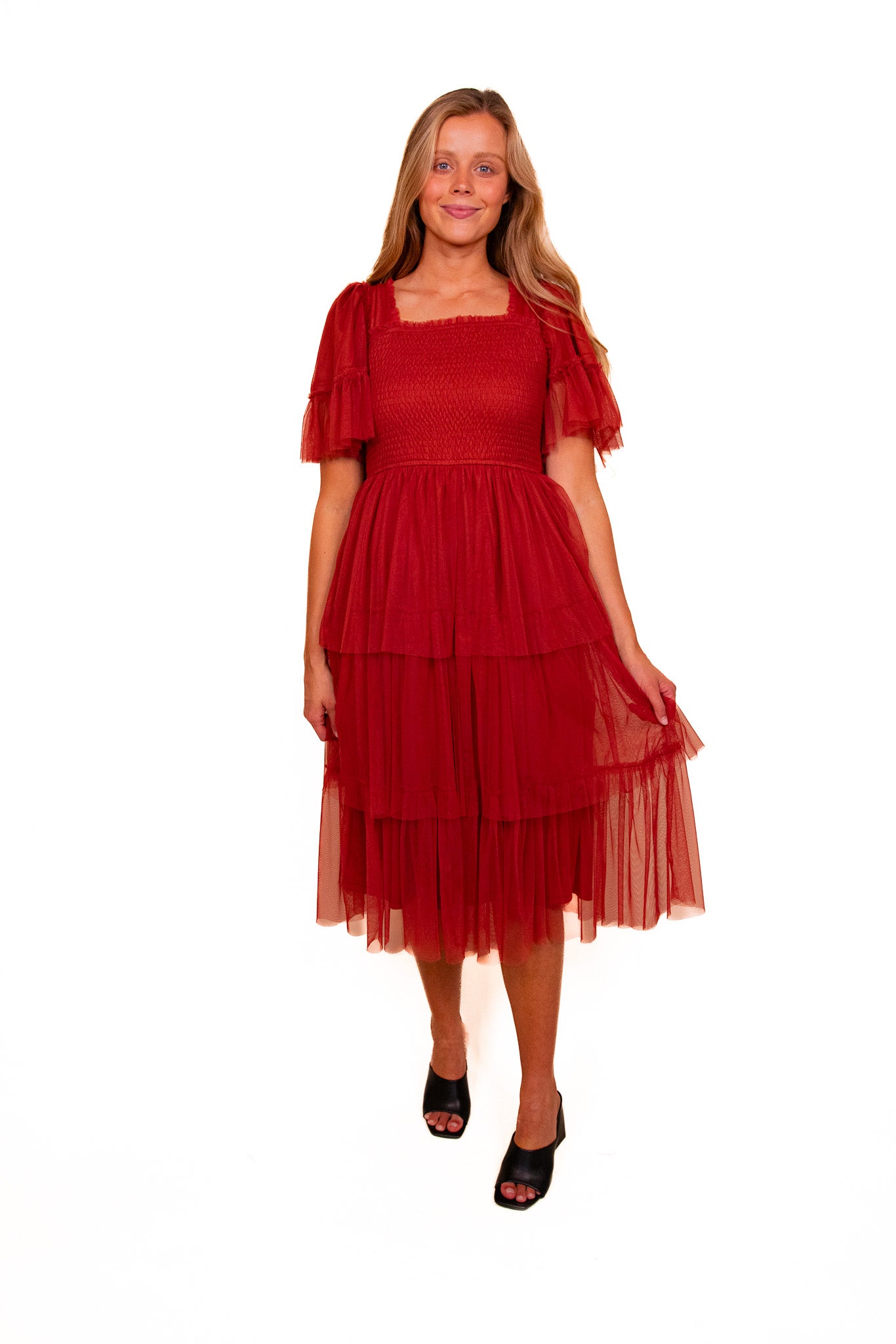 The Harlow Smocked Tulle Dress in Rust