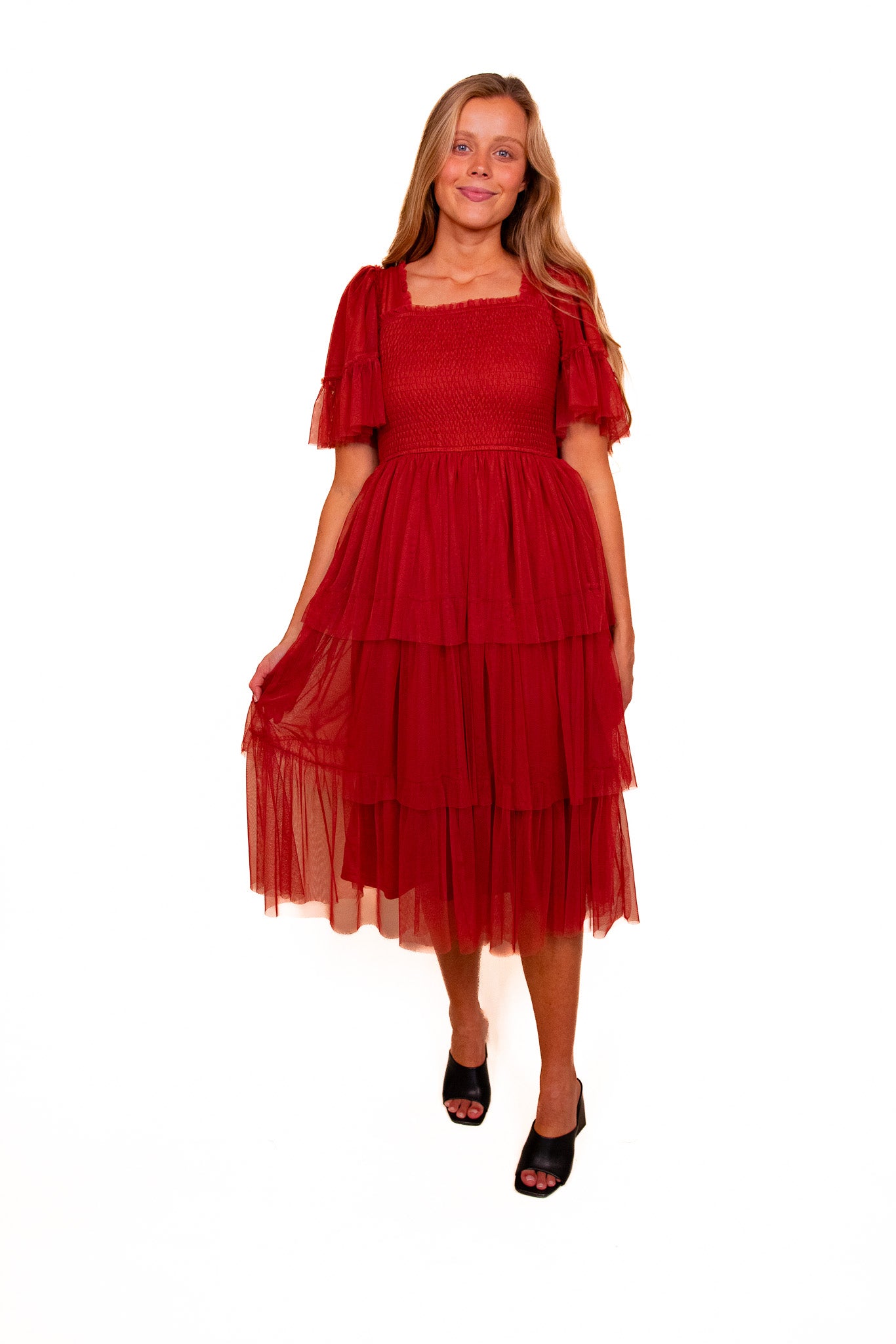 The Harlow Smocked Tulle Dress in Rust