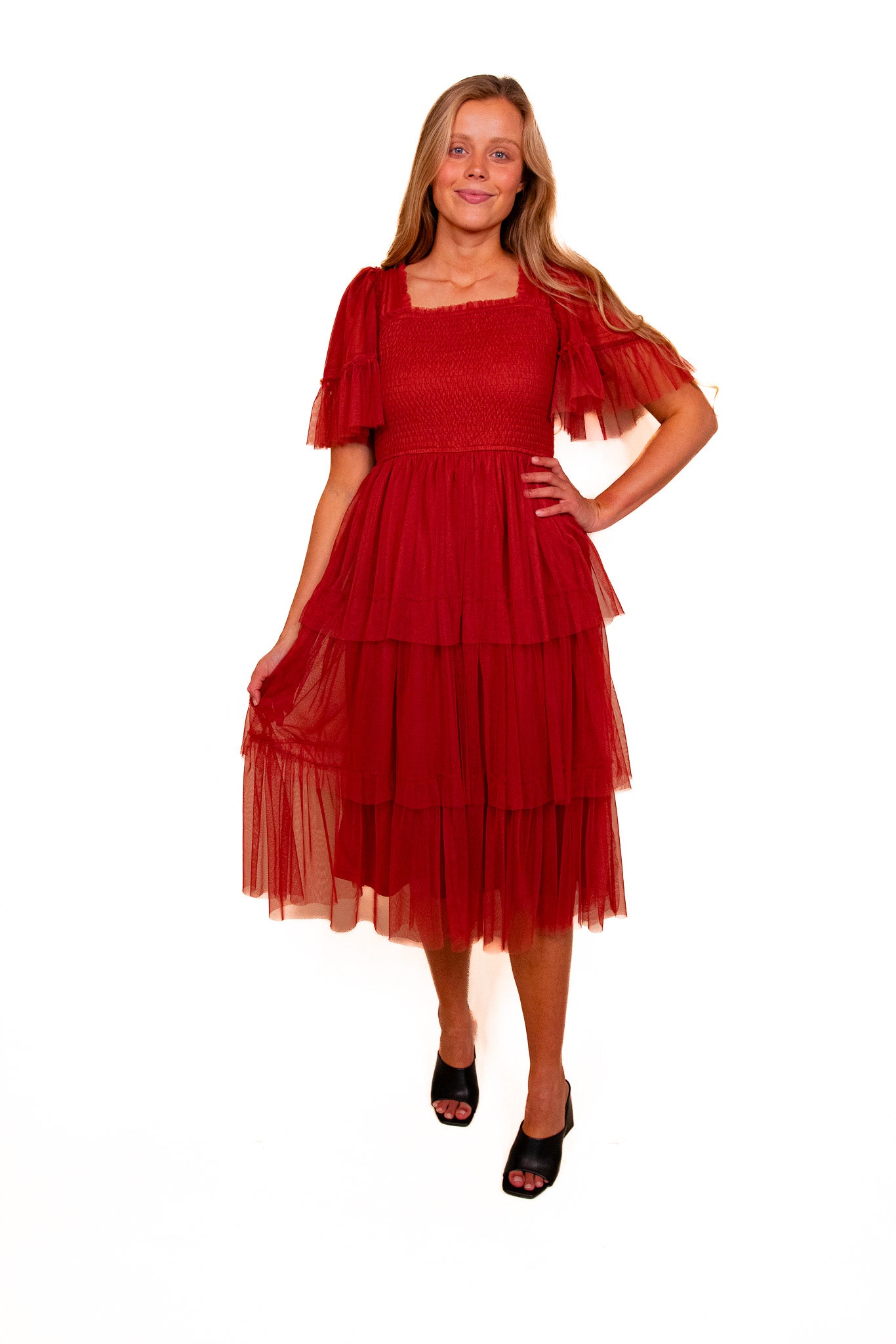 The Harlow Smocked Tulle Dress in Rust