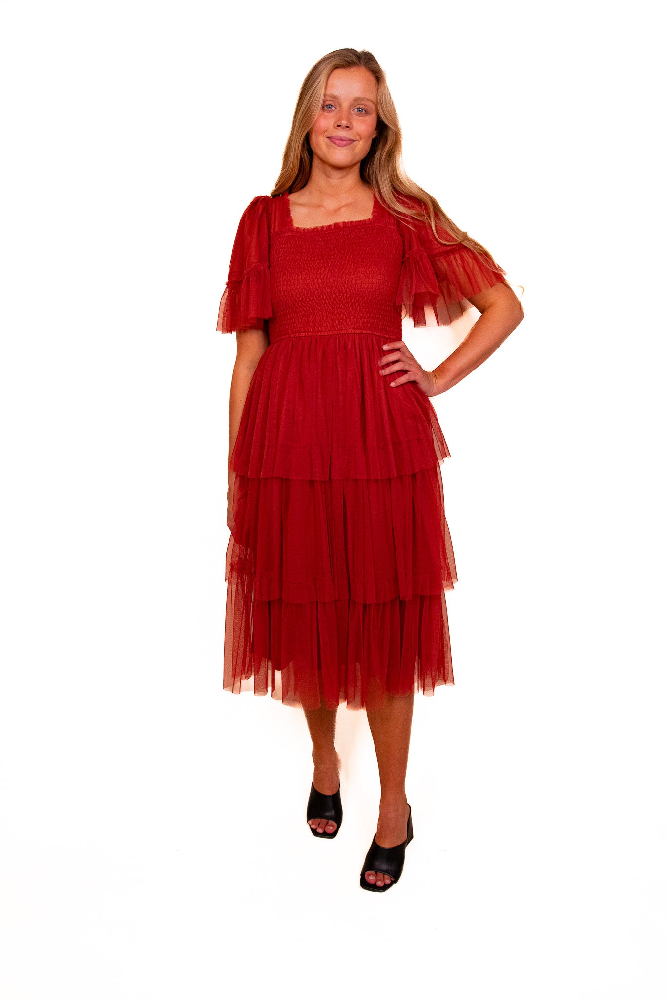 The Harlow Smocked Tulle Dress in Rust