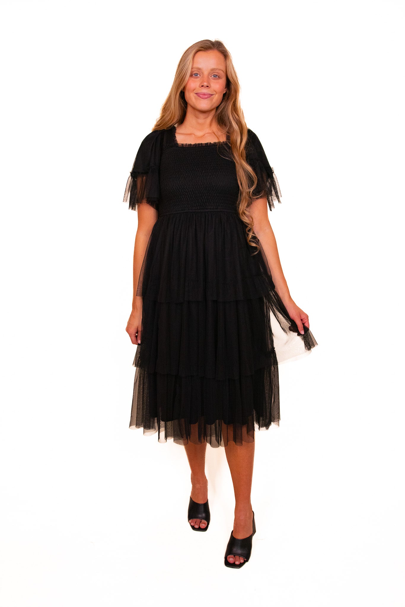 The Harlow Smocked Tulle Dress in Black