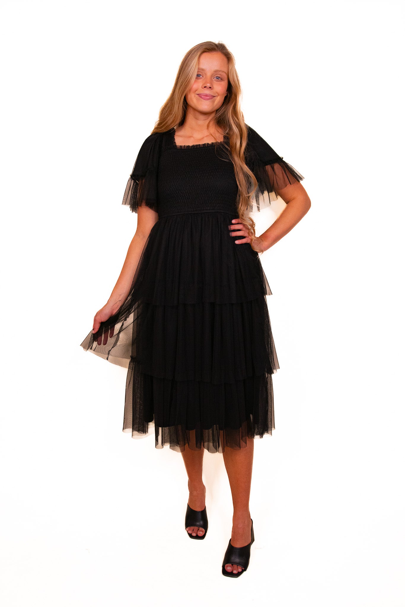 The Harlow Smocked Tulle Dress in Black