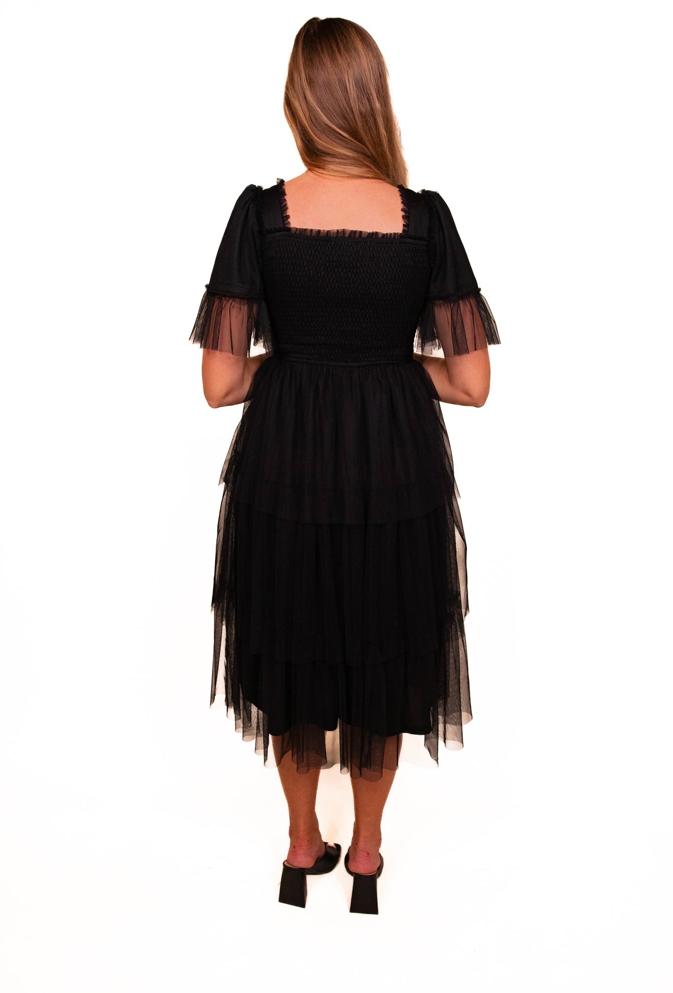 The Harlow Smocked Tulle Dress in Black