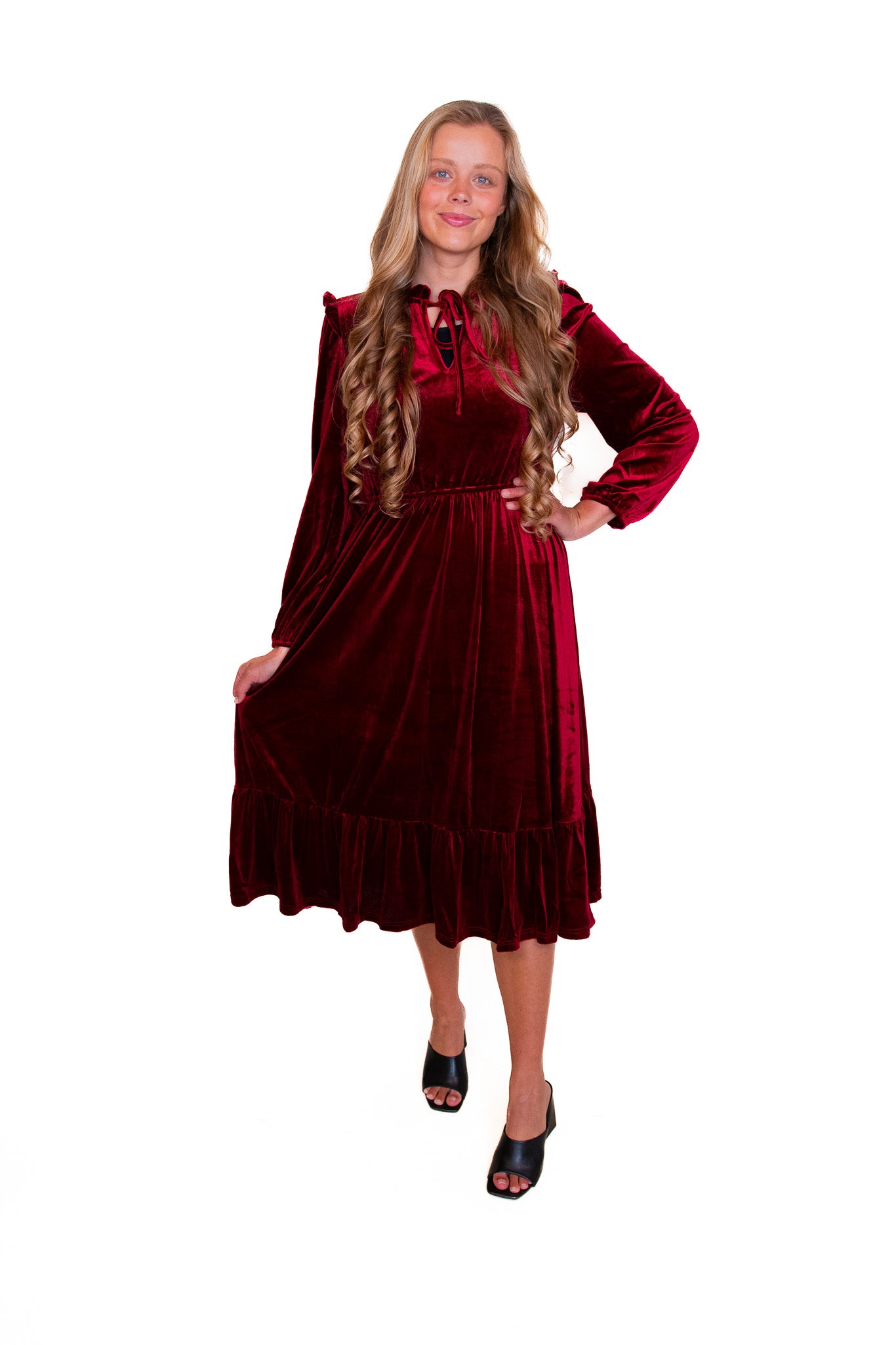 The Iris Velvet Midi Dress in Cranberry