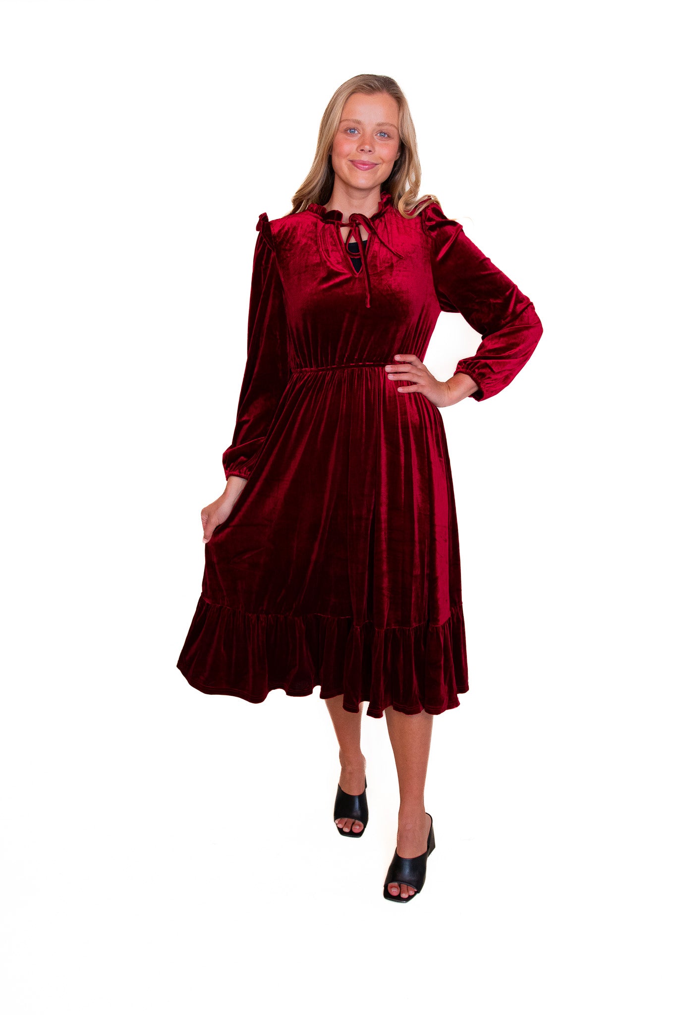 The Iris Velvet Midi Dress in Cranberry