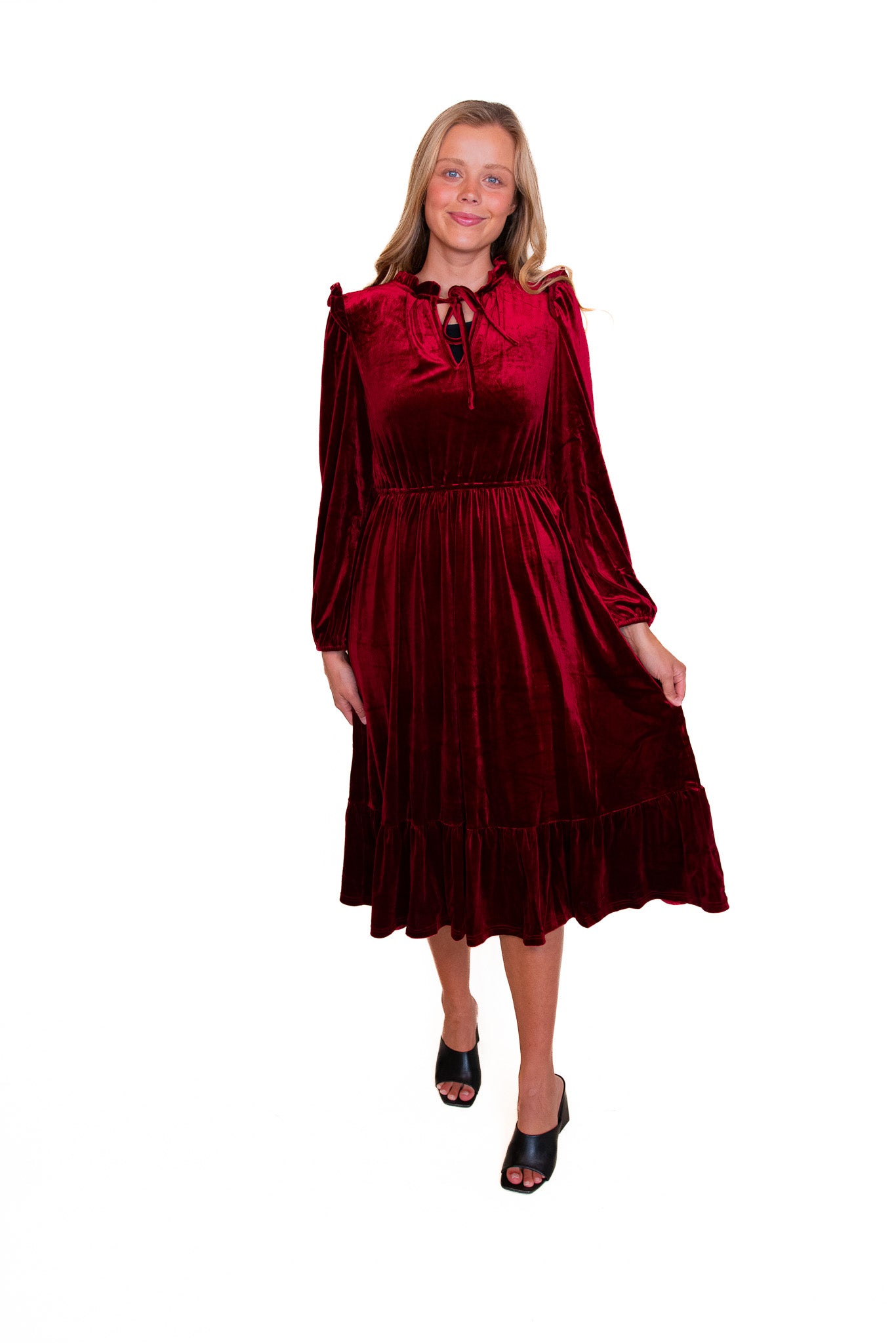 The Iris Velvet Midi Dress in Cranberry