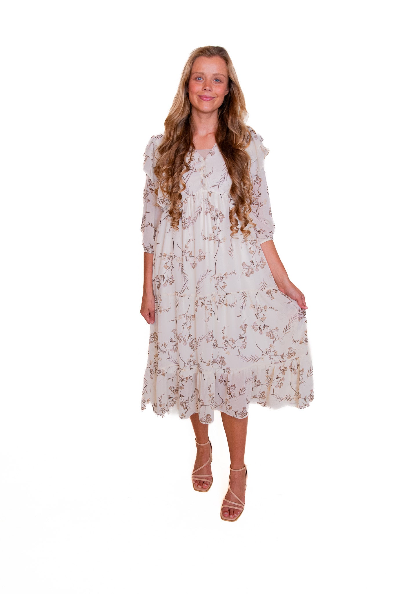 The Lainey Ruffle Midi in Cream Fall Floral