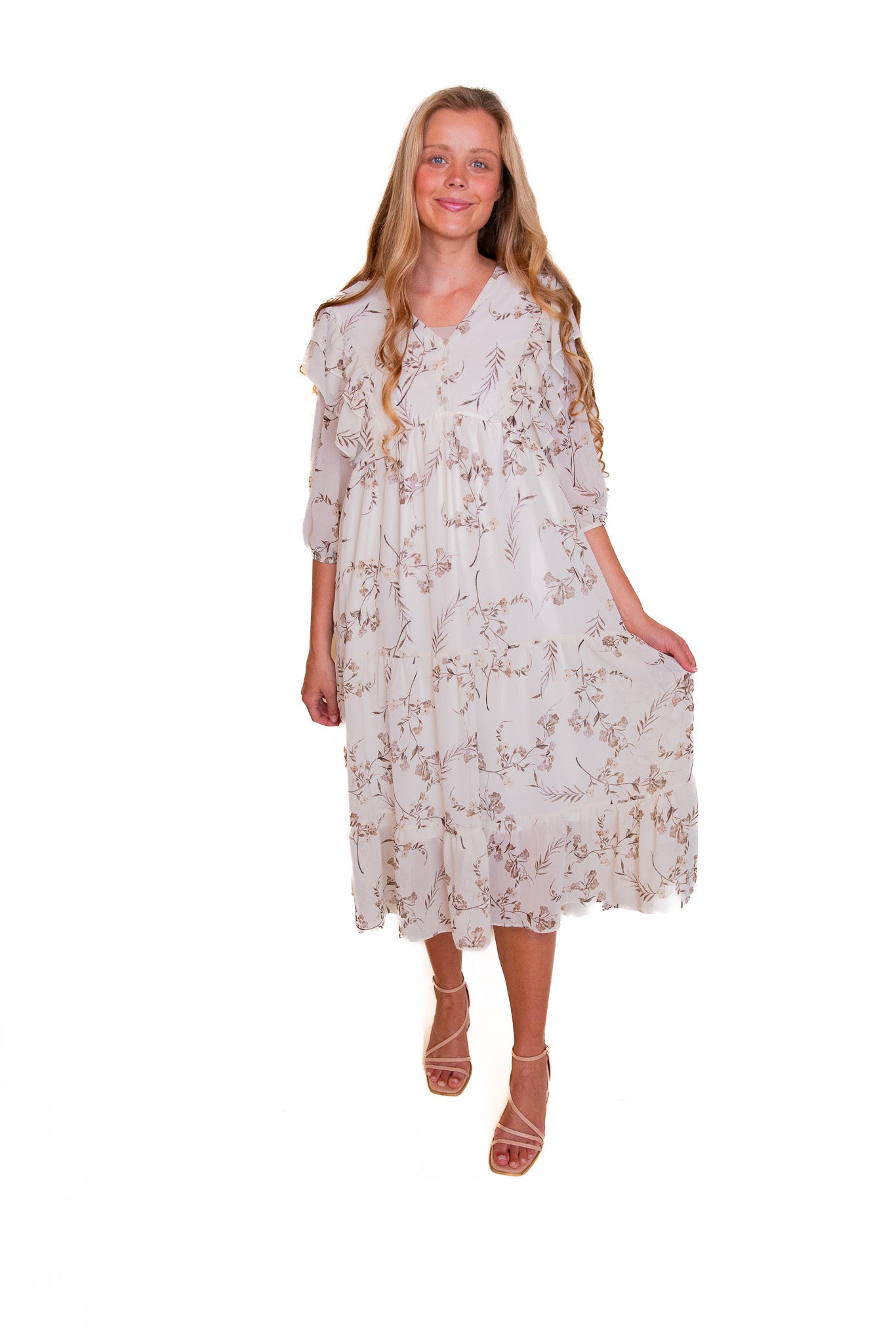 The Lainey Ruffle Midi in Cream Fall Floral