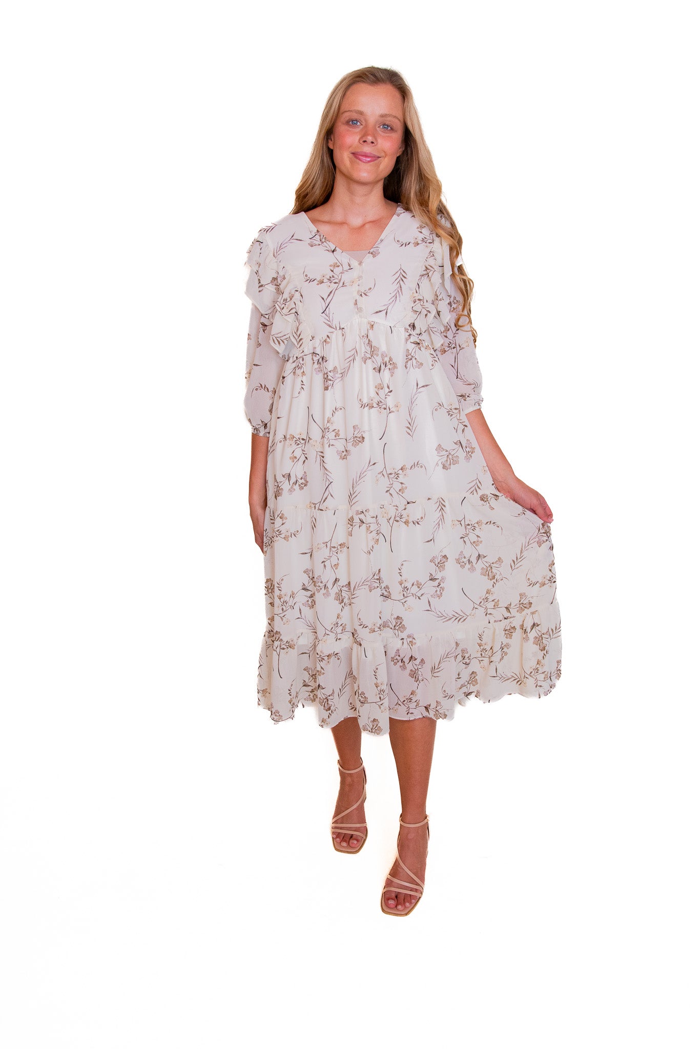 The Lainey Ruffle Midi in Cream Fall Floral