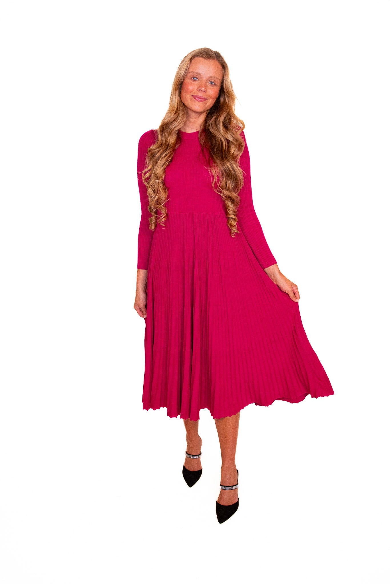 RESTOCKED - The Kris Ribbed Knit Sweater Dress in Magenta